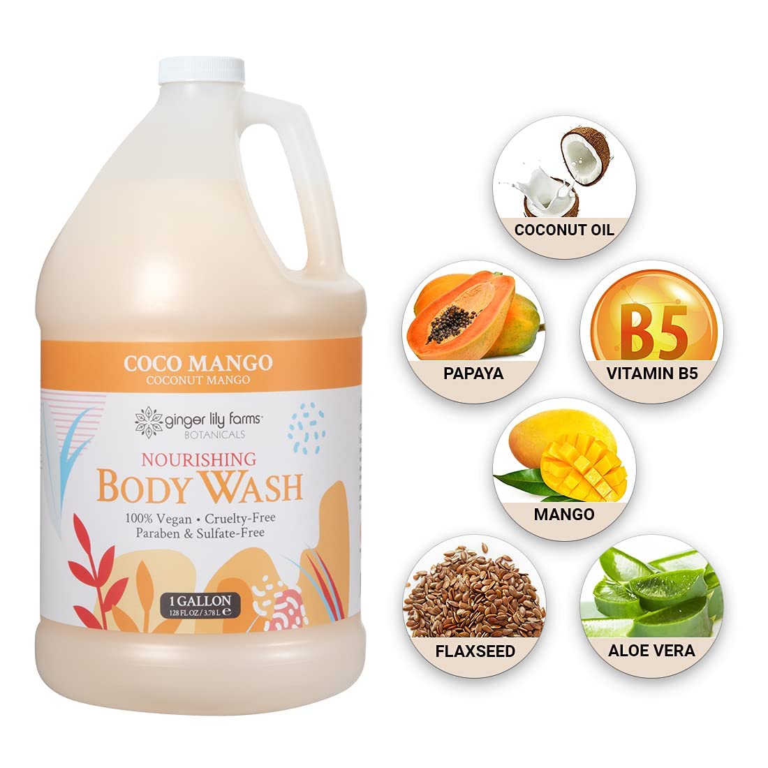 Ginger Lily Farms Botanicals Nourishing Body Wash Coco Mango – 1 Gallon Refill, Vegan & Cruelty-Free