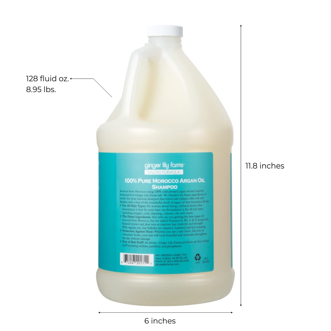 Ginger Lily Farms Salon Formula Argan Oil Shampoo – 100% Pure Morocco Argan Oil, All Hair Types, 1 Gallon Refill