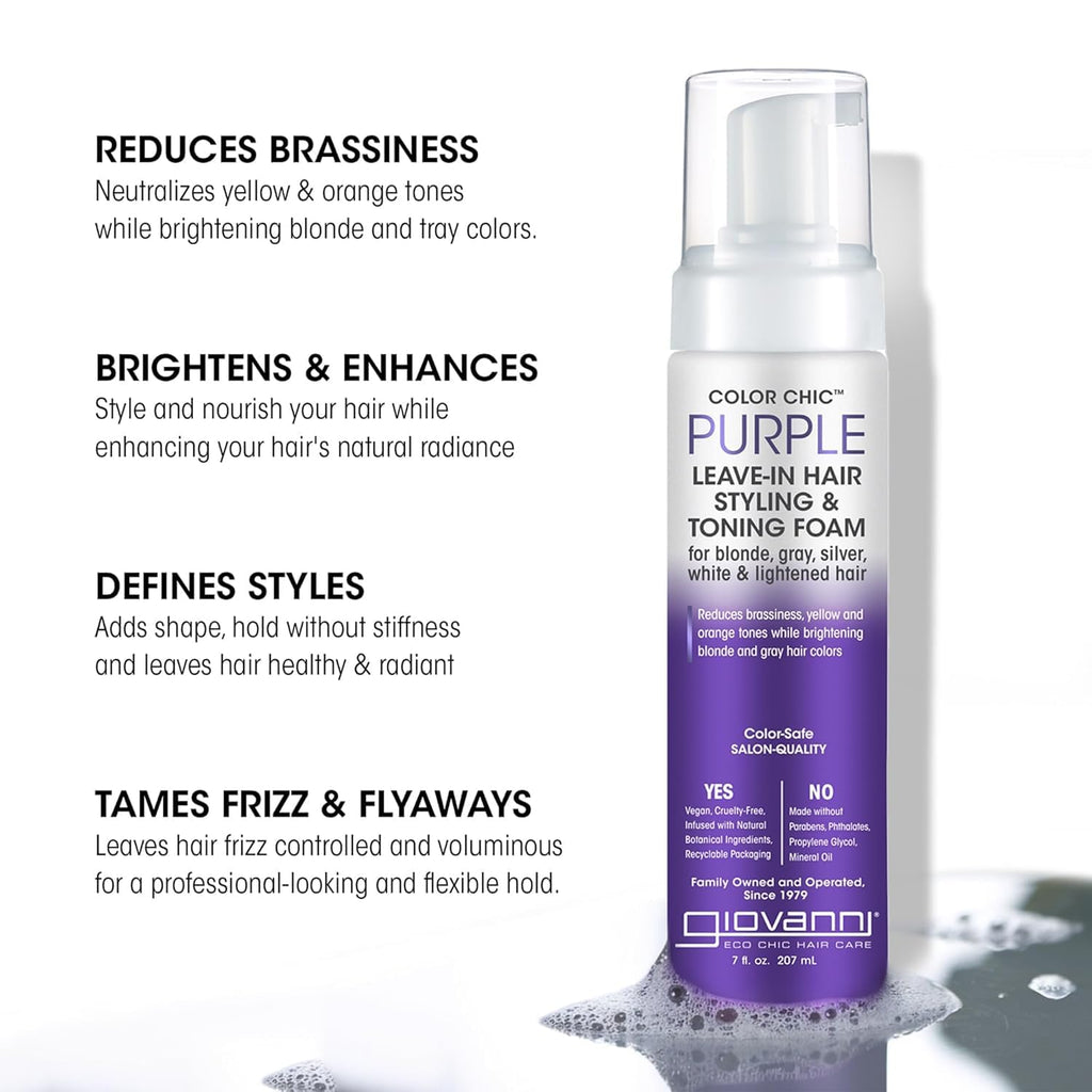GIOVANNI Color Chic Purple Leave-In Foam – Toning & Volume for Blonde, Gray & Fine Hair | 7 fl oz