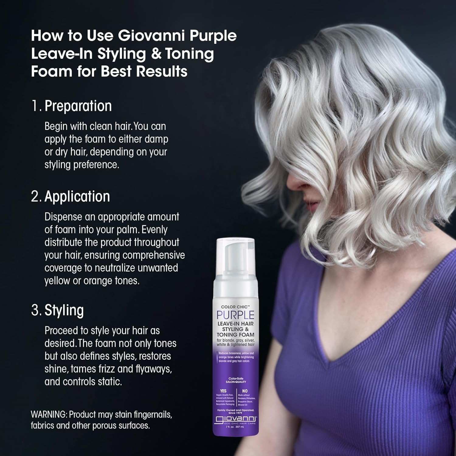 GIOVANNI Color Chic Purple Leave-In Foam – Toning & Volume for Blonde, Gray & Fine Hair | 7 fl oz