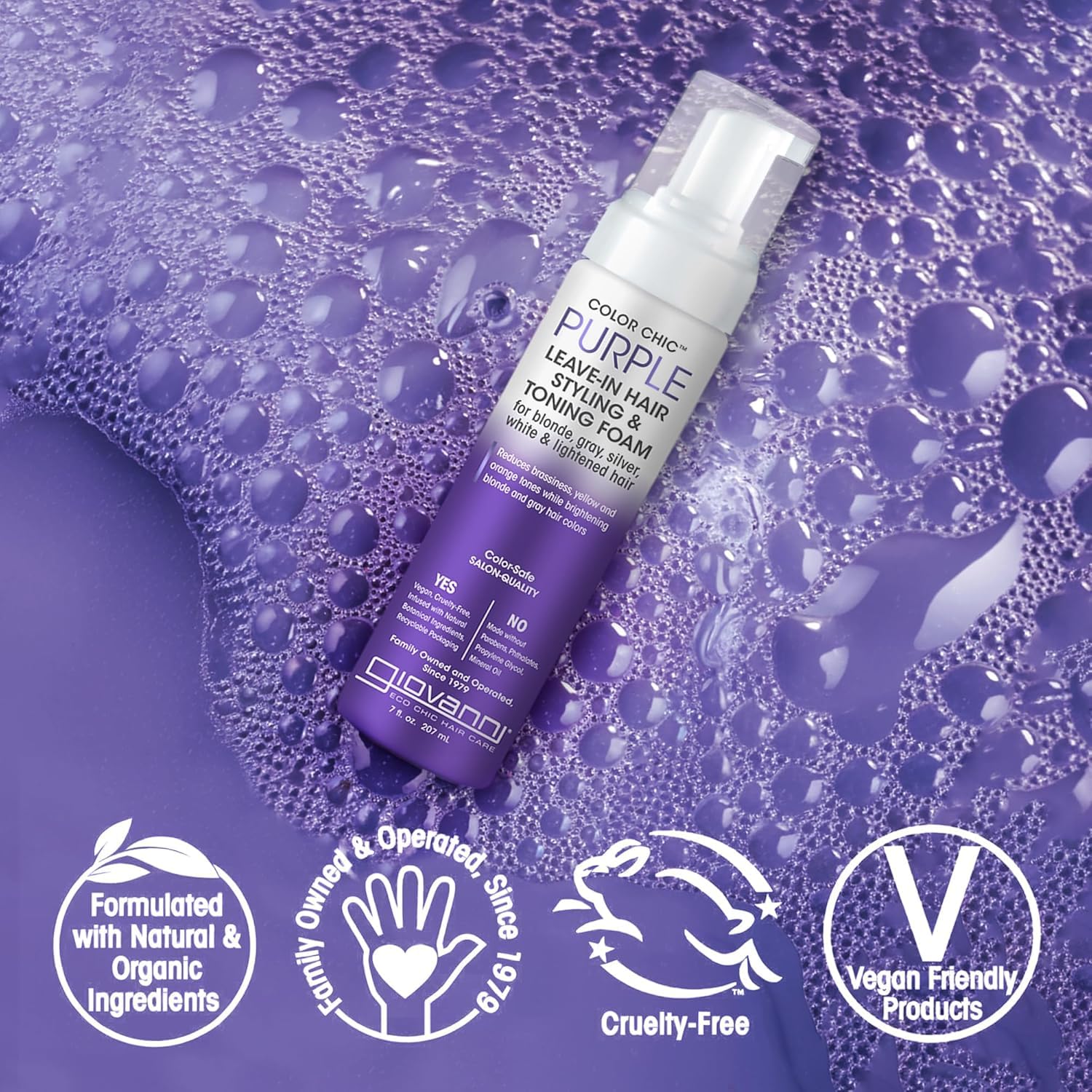 GIOVANNI Color Chic Purple Leave-In Foam – Toning & Volume for Blonde, Gray & Fine Hair | 7 fl oz
