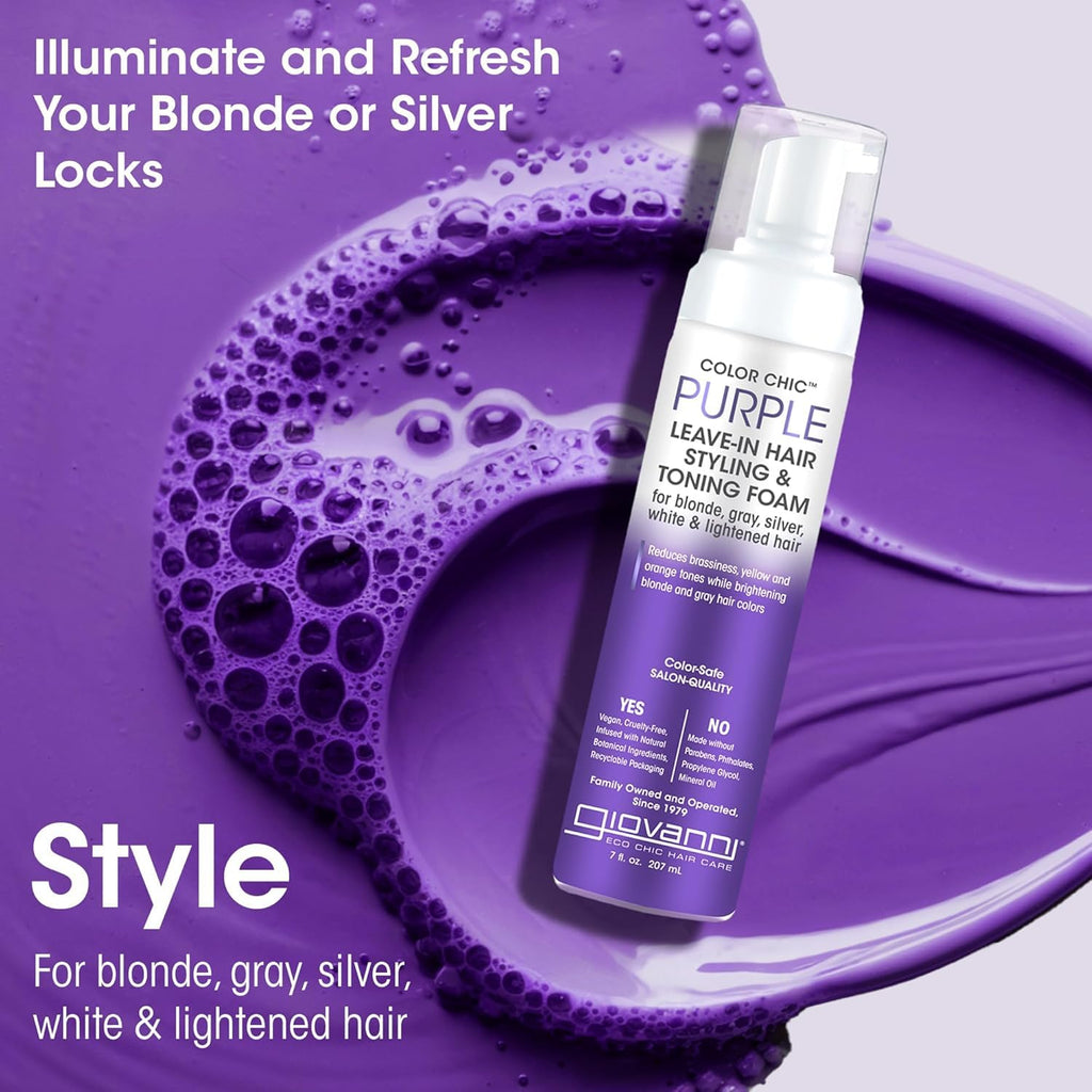 GIOVANNI Color Chic Purple Leave-In Foam – Toning & Volume for Blonde, Gray & Fine Hair | 7 fl oz