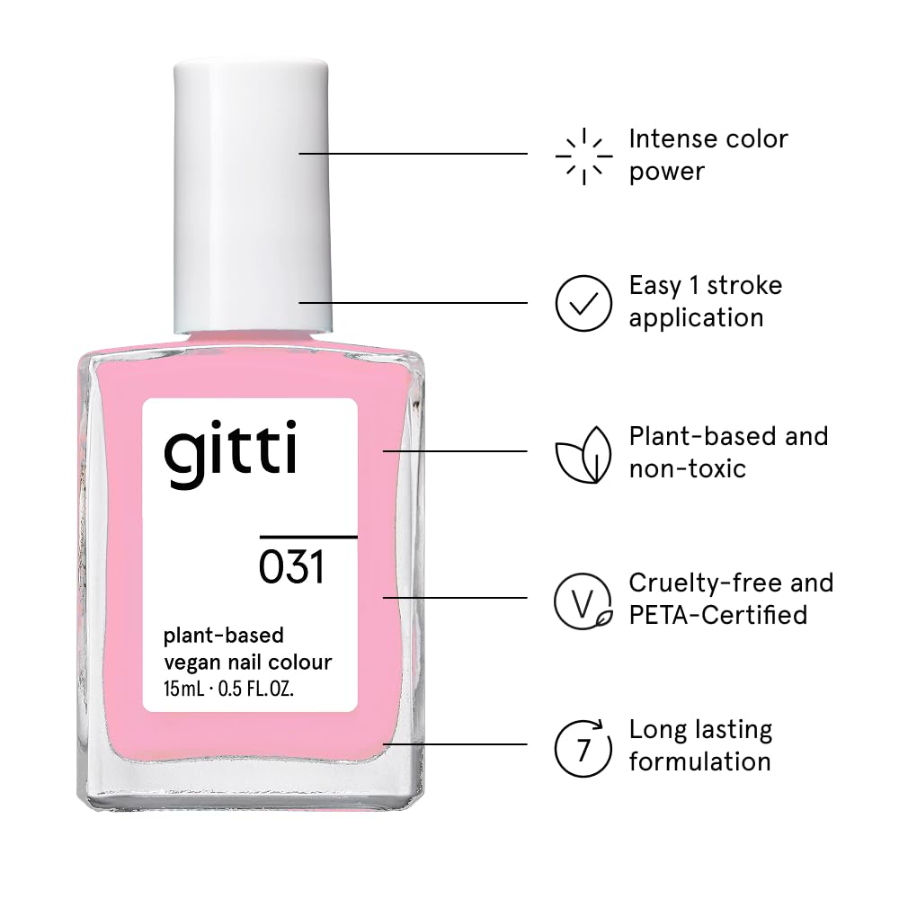 gitti Plant-based Nail Polish Solar Pink 031 – Non-Toxic, 30-Free, Vegan, Cruelty-Free, Glossy Color (0.5 fl oz)