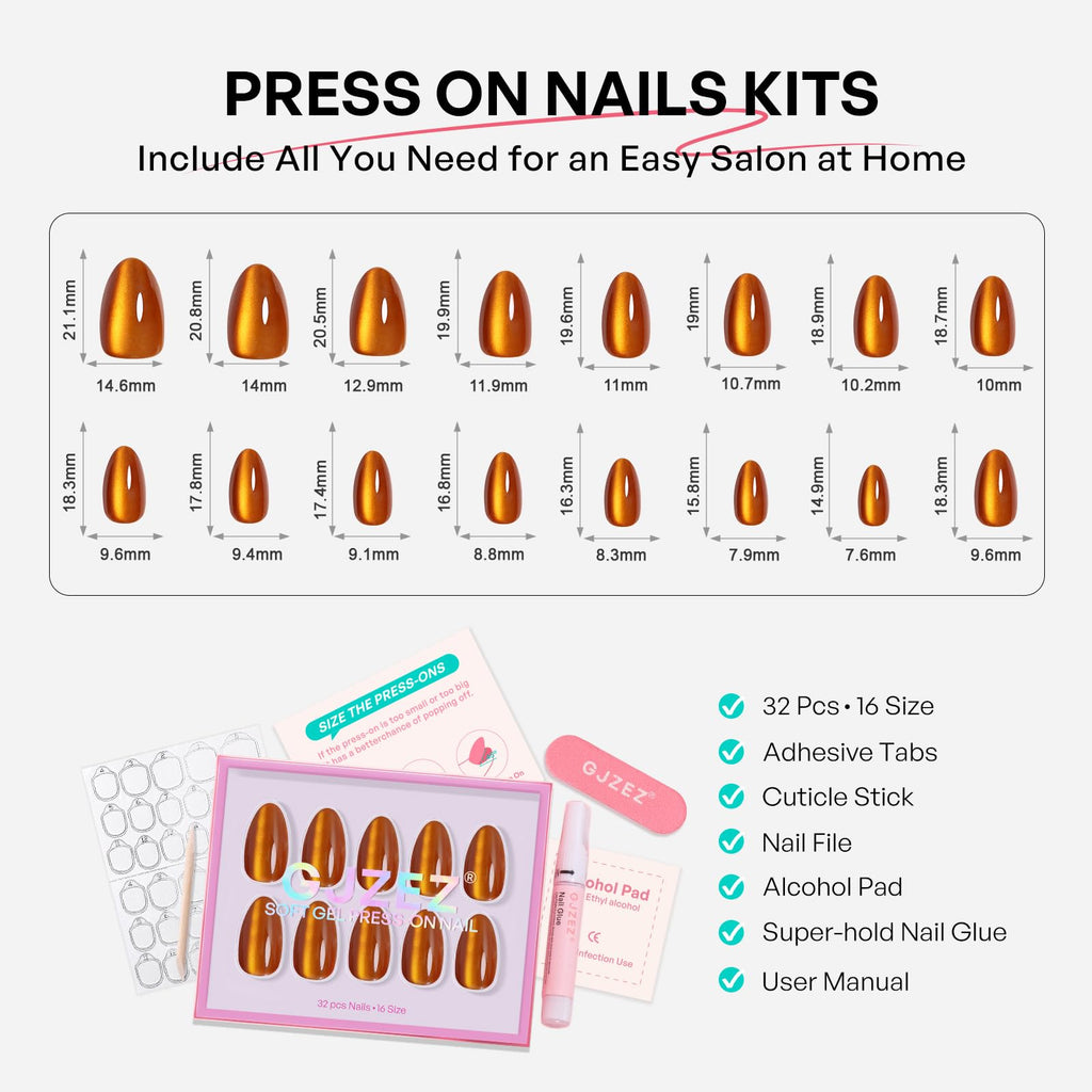 GJZEZ Orange Press On Nails Short Almond — Soft Gel Amber Cat Eye, 32 Pcs, 16 Sizes, Reusable