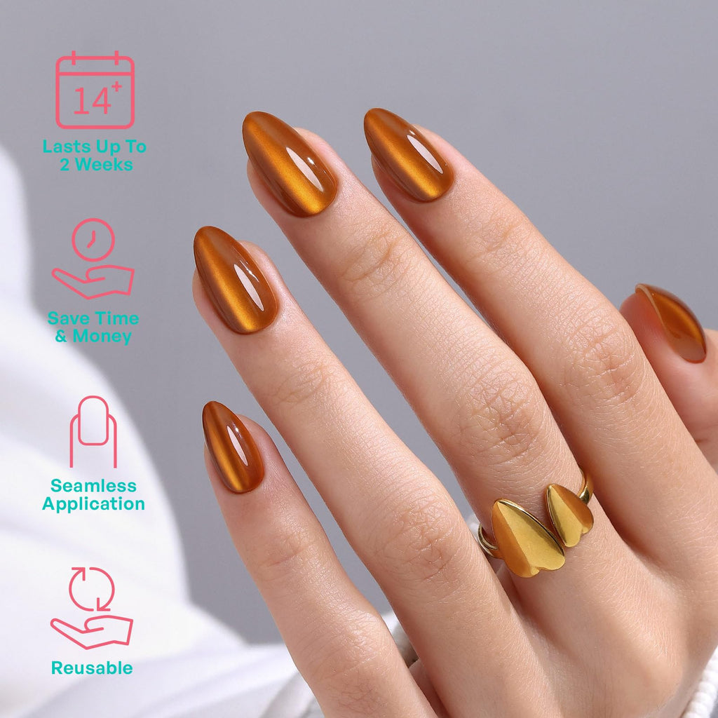 GJZEZ Orange Press On Nails Short Almond — Soft Gel Amber Cat Eye, 32 Pcs, 16 Sizes, Reusable
