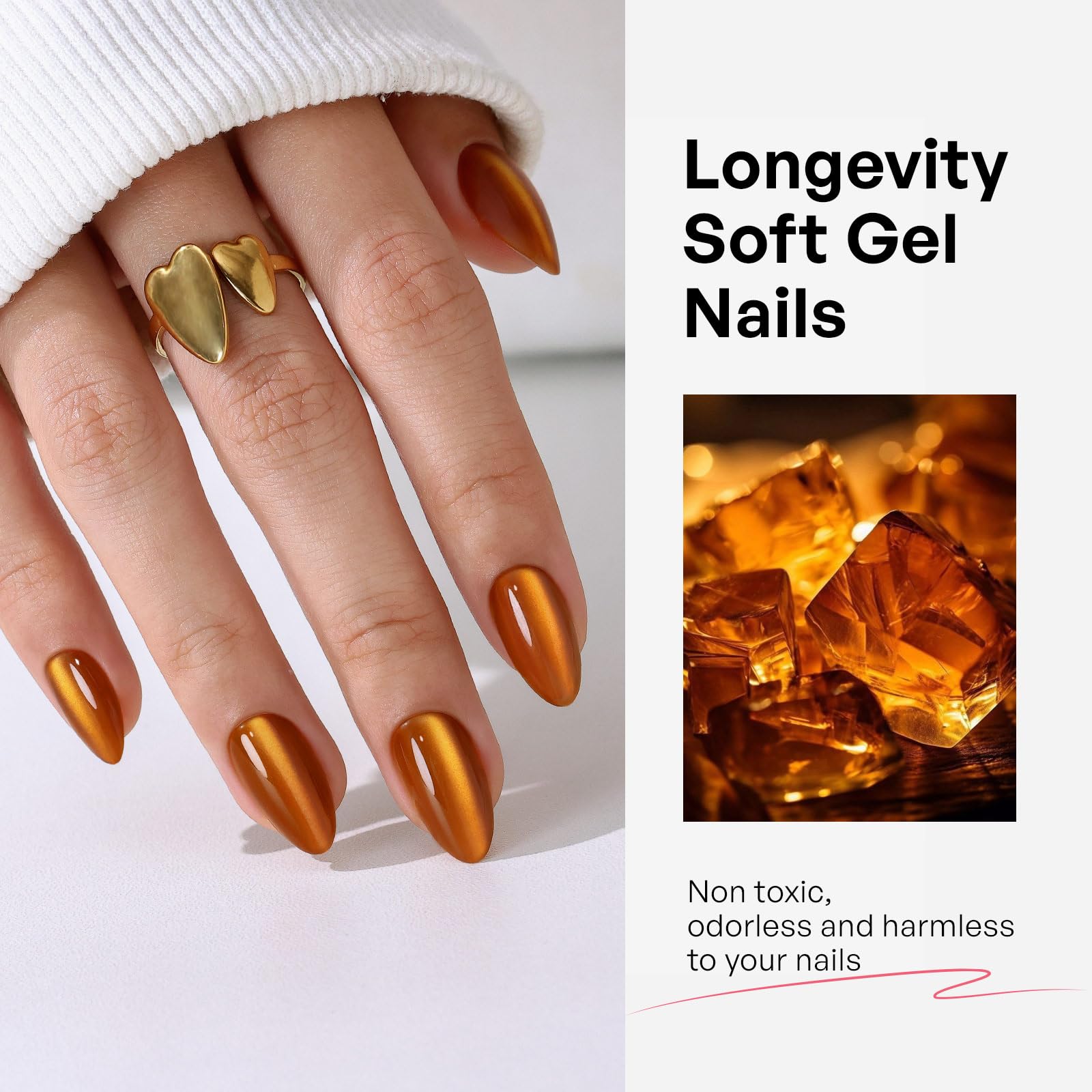 GJZEZ Orange Press On Nails Short Almond — Soft Gel Amber Cat Eye, 32 Pcs, 16 Sizes, Reusable