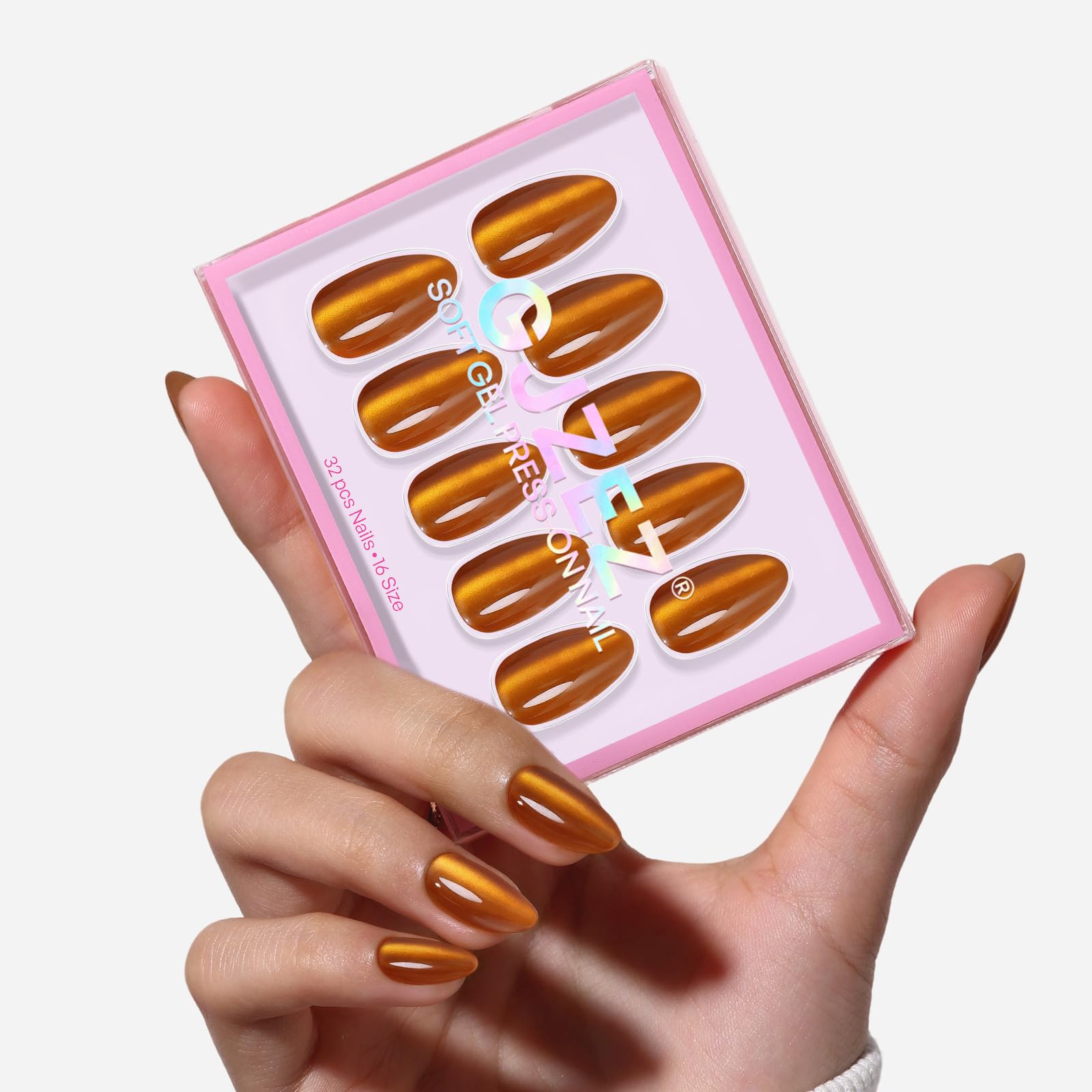 GJZEZ Orange Press On Nails Short Almond — Soft Gel Amber Cat Eye, 32 Pcs, 16 Sizes, Reusable