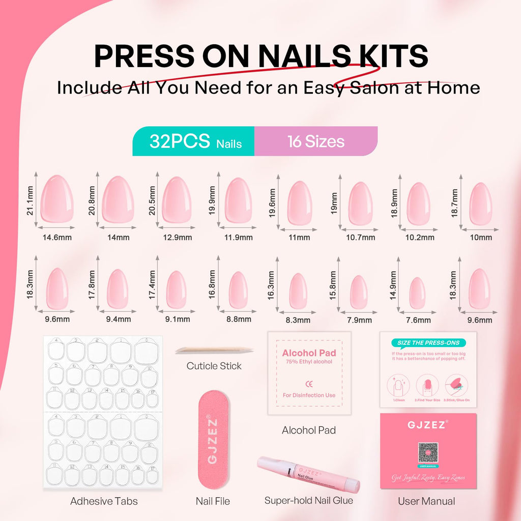 GJZEZ Almond Press On Nails Short — Soft Gel Glue On Nails with 3D Metallic Chrome Wave Design, Glossy Pink Blush, 32 Pcs, 16 Sizes, Reusable