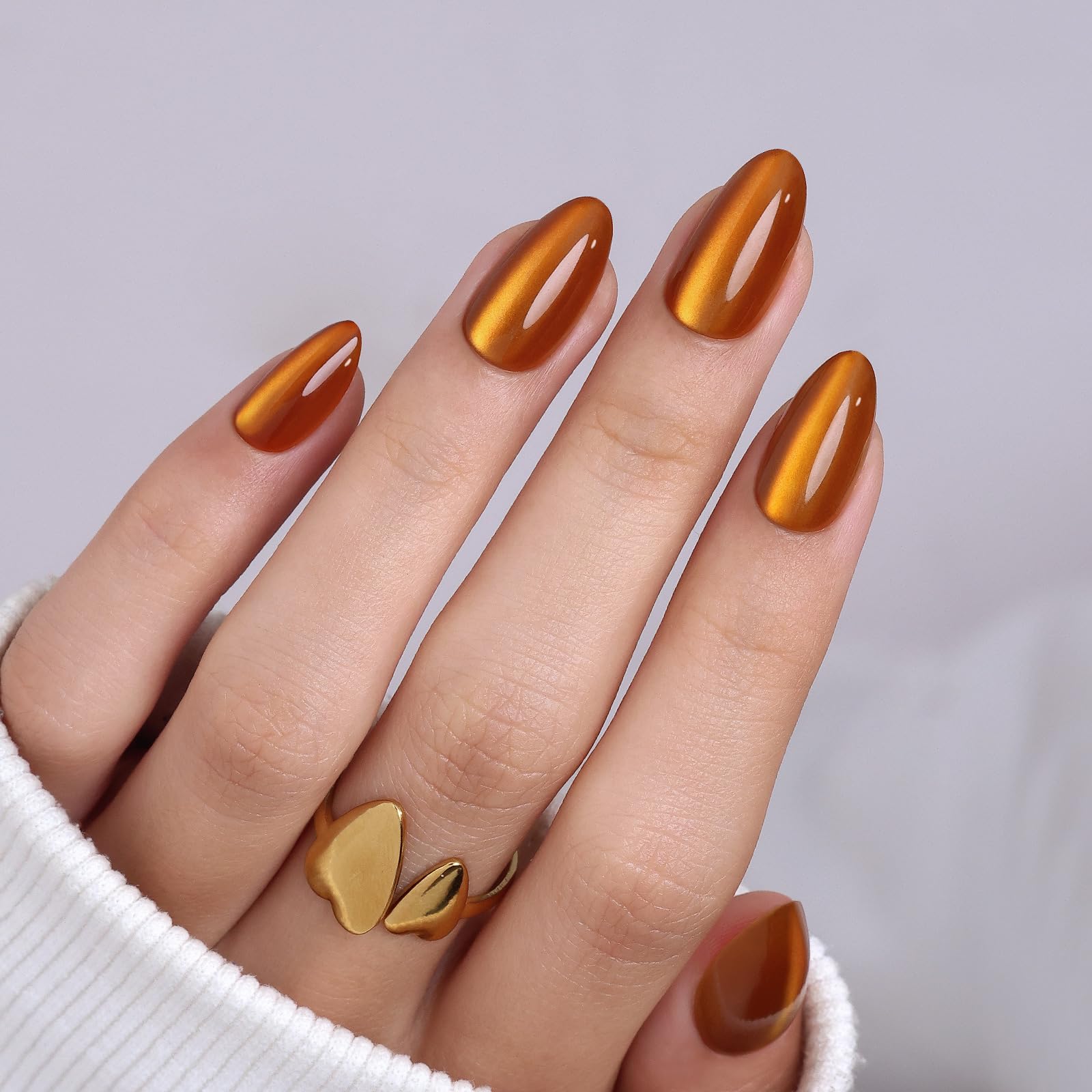 GJZEZ Orange Press On Nails Short Almond — Soft Gel Amber Cat Eye, 32 Pcs, 16 Sizes, Reusable
