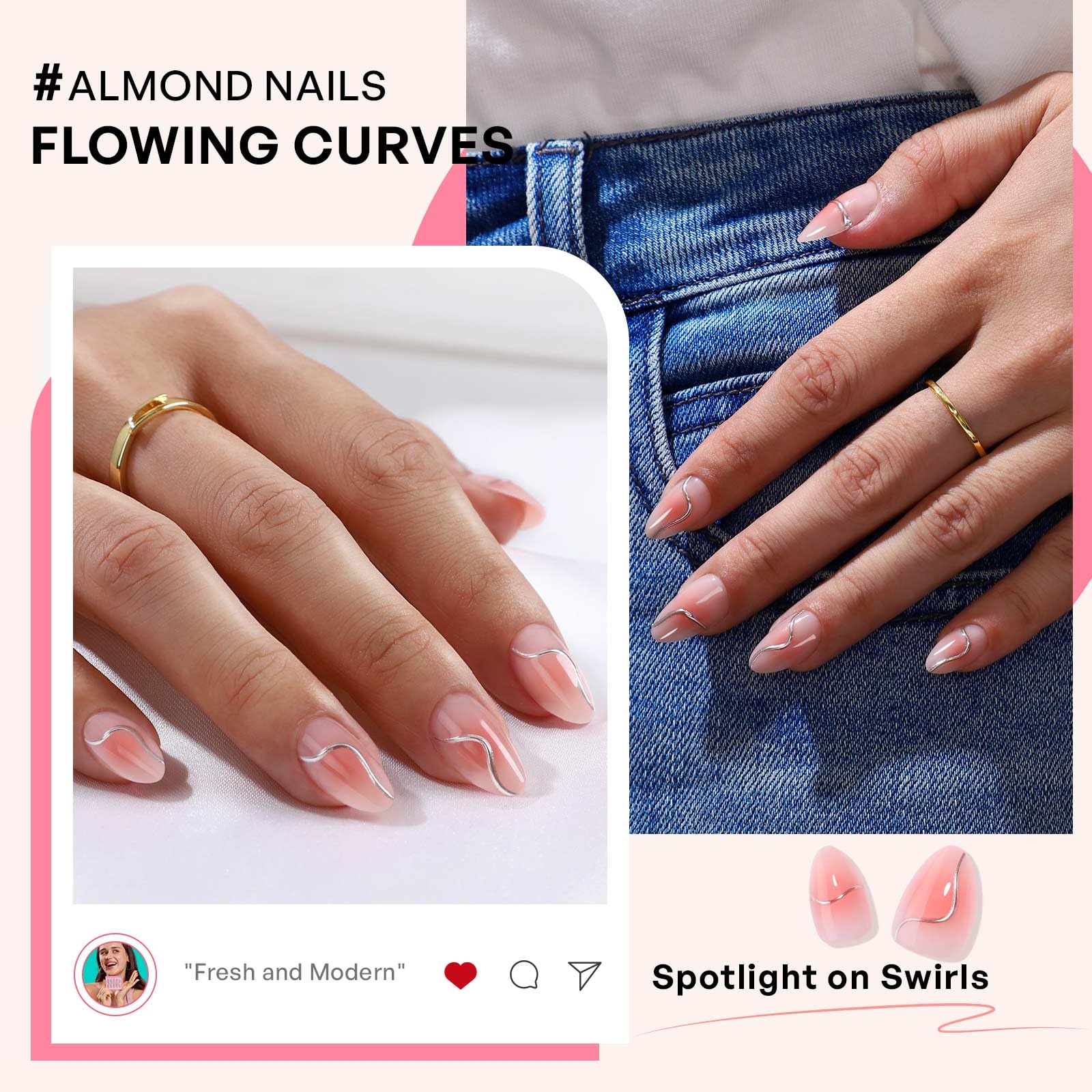 GJZEZ Almond Press On Nails Short — Soft Gel Glue On Nails with 3D Metallic Chrome Wave Design, Glossy Pink Blush, 32 Pcs, 16 Sizes, Reusable