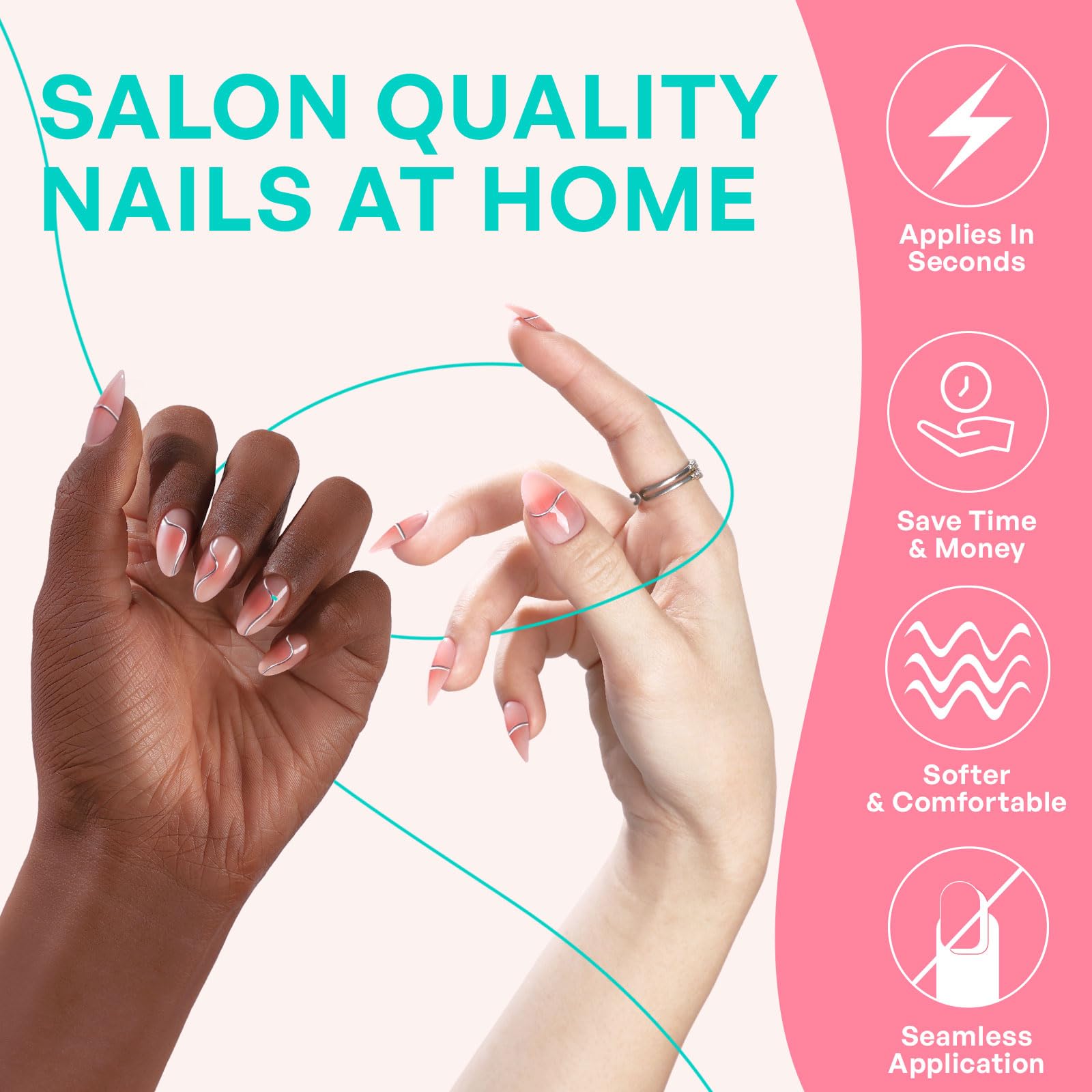 GJZEZ Almond Press On Nails Short — Soft Gel Glue On Nails with 3D Metallic Chrome Wave Design, Glossy Pink Blush, 32 Pcs, 16 Sizes, Reusable