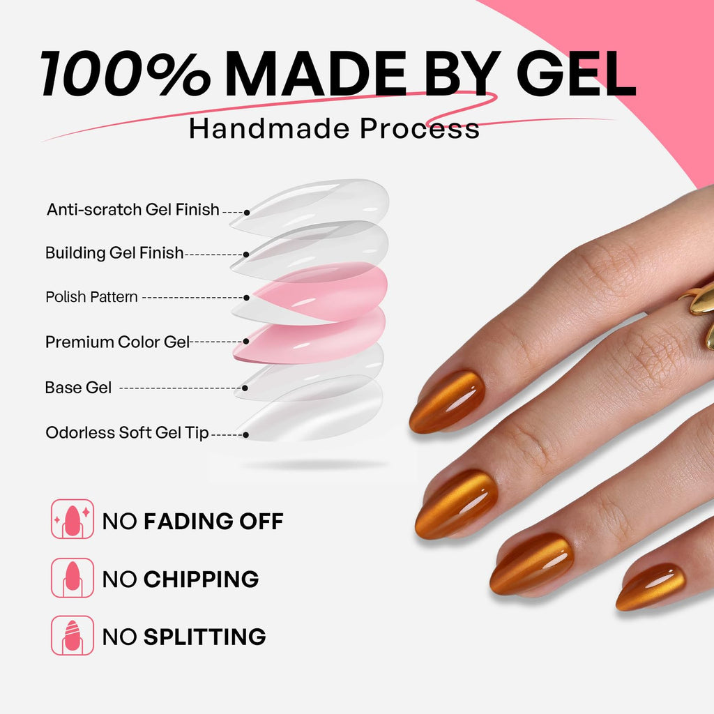GJZEZ Orange Press On Nails Short Almond — Soft Gel Amber Cat Eye, 32 Pcs, 16 Sizes, Reusable