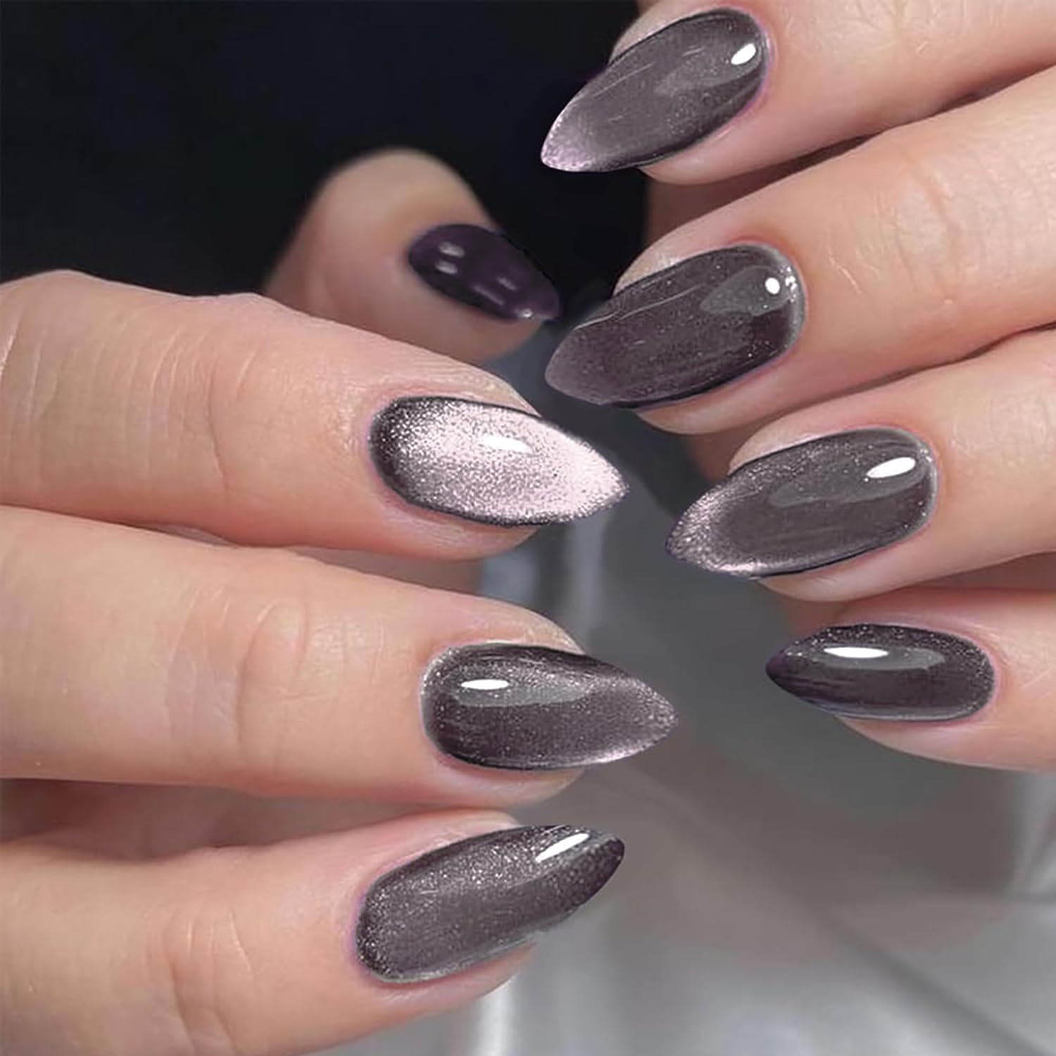 GLAMERMAID Dark Purple Magnet Cat Eyes Press On Nails – Short Almond, Black Aurora Jelly Gel Kit