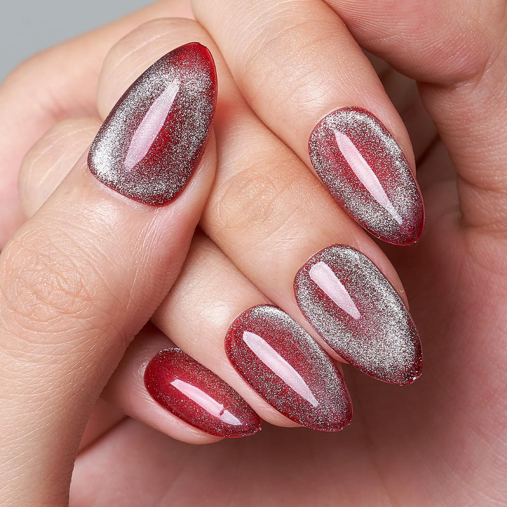 GLAMERMAID Red Magnet Cat Eyes Press-On Nails – Aurora Gel Kit, Short Almond