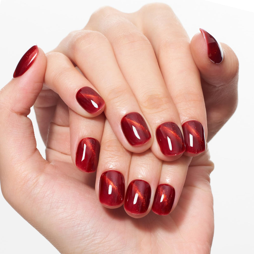 GLAMERMAID Red Cat Eyes Extra Short Press-On Nails – Cherry Burgundy