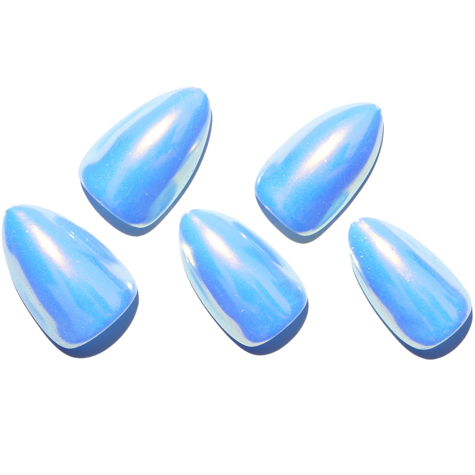GLAMERMAID Light Blue Mirror Chrome Press-On Nails – Short Almond, Golden Donut Glazed Handmade Jelly Gel Kit