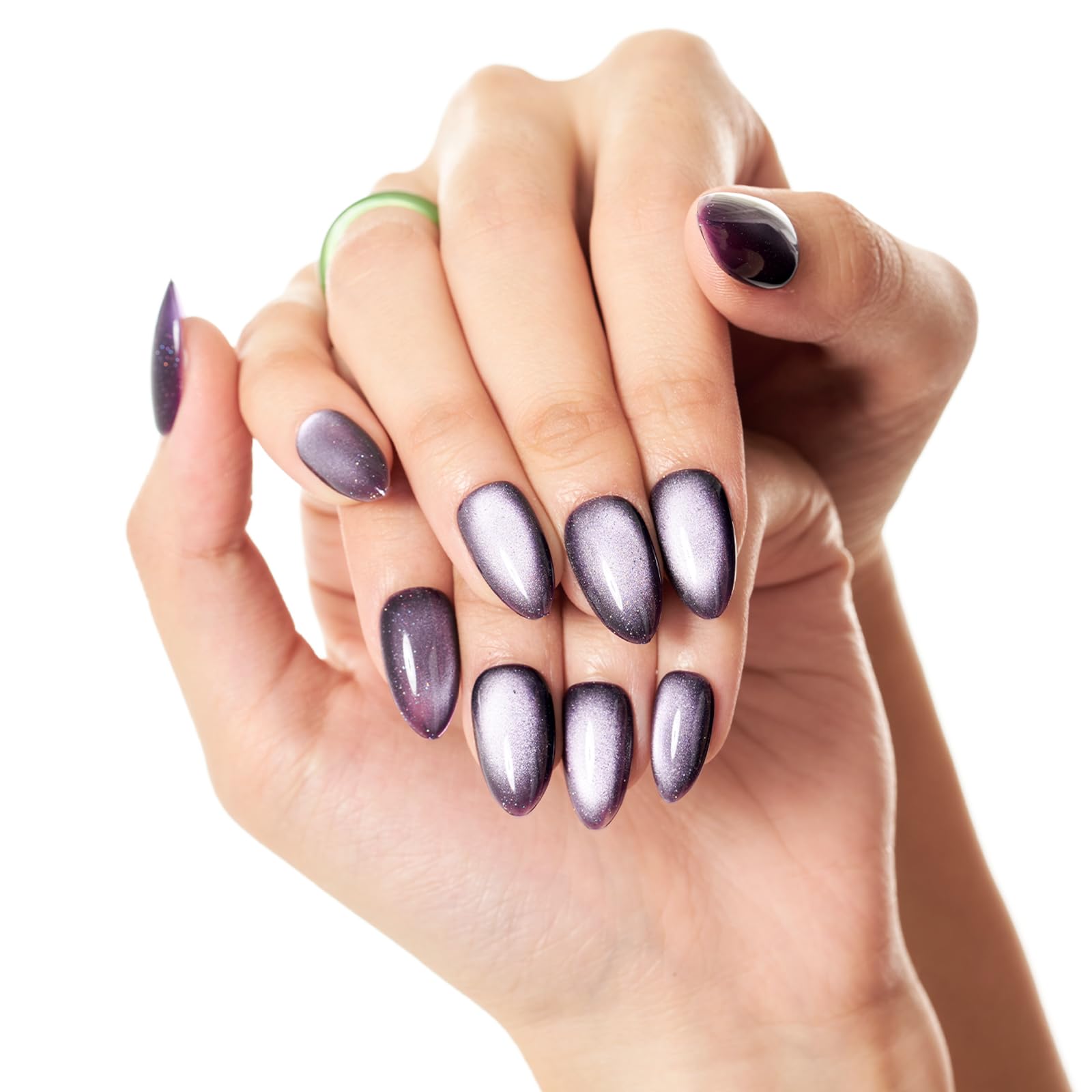 GLAMERMAID Dark Purple Magnet Cat Eyes Press On Nails – Short Almond, Black Aurora Jelly Gel Kit