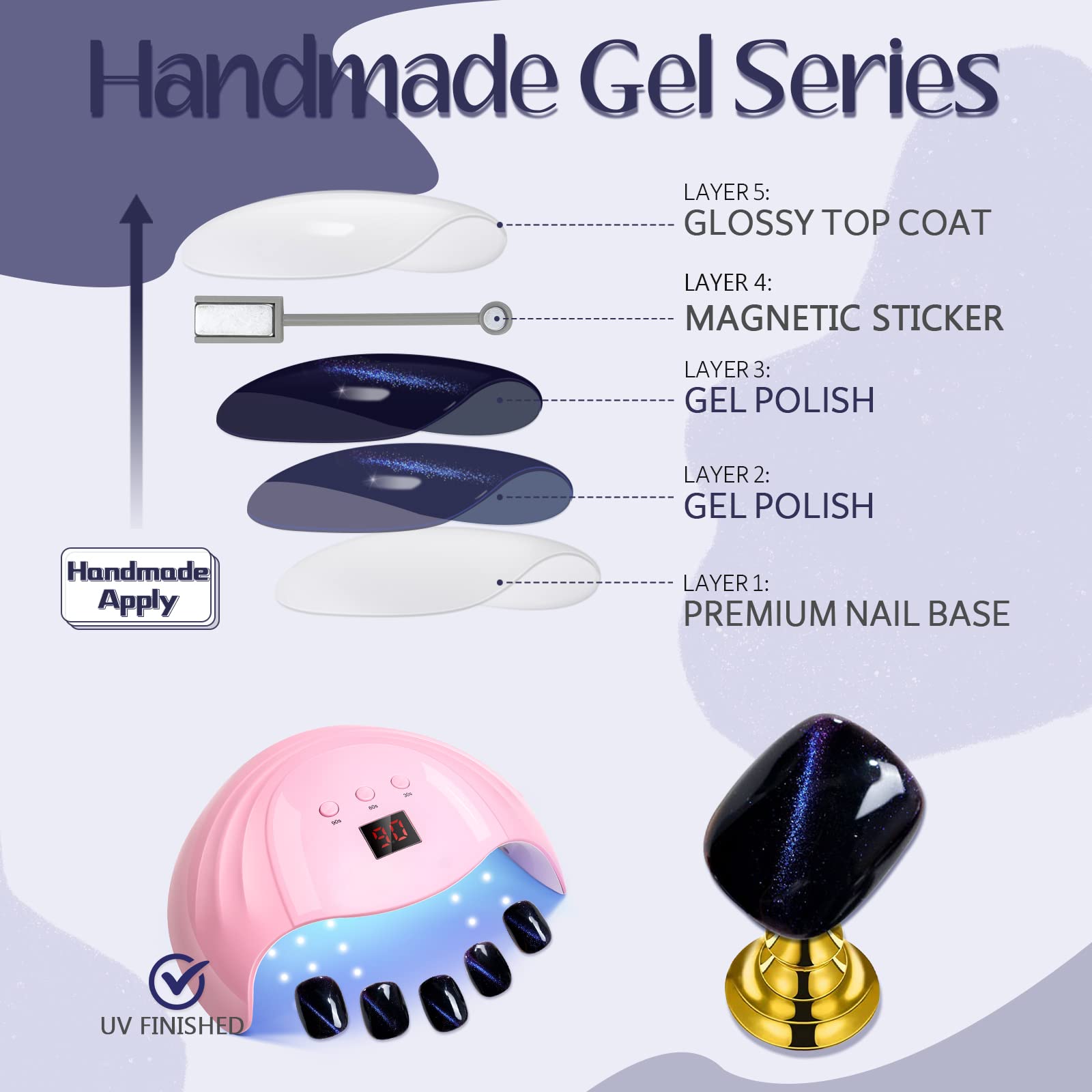 GLAMERMAID Red Magnet Cat Eyes Press-On Nails – Aurora Gel Kit, Short Almond
