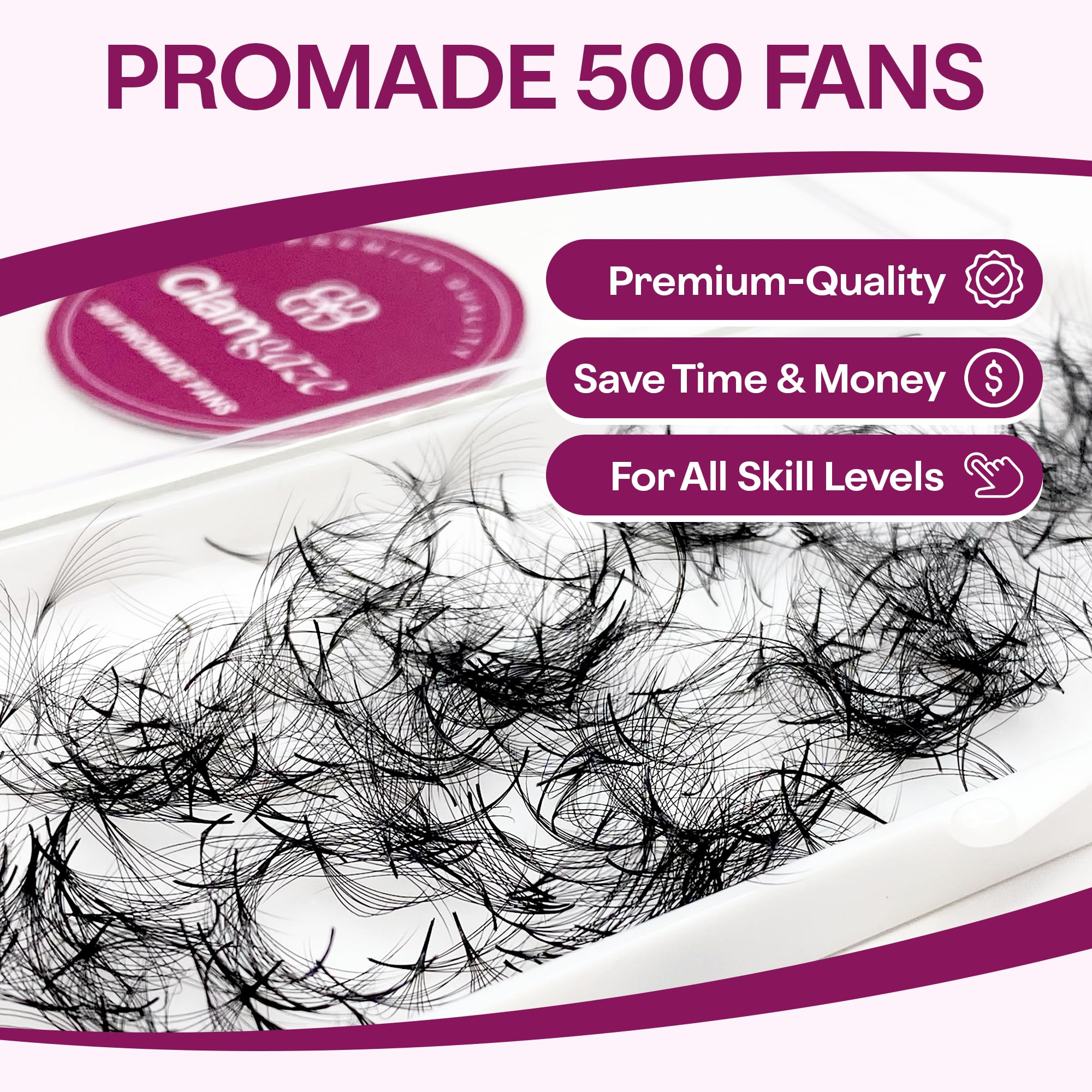 Glamgaze 500 Premade Lash Fans – 3D to 16D Volume, 0.05–0.07mm, 8–17mm