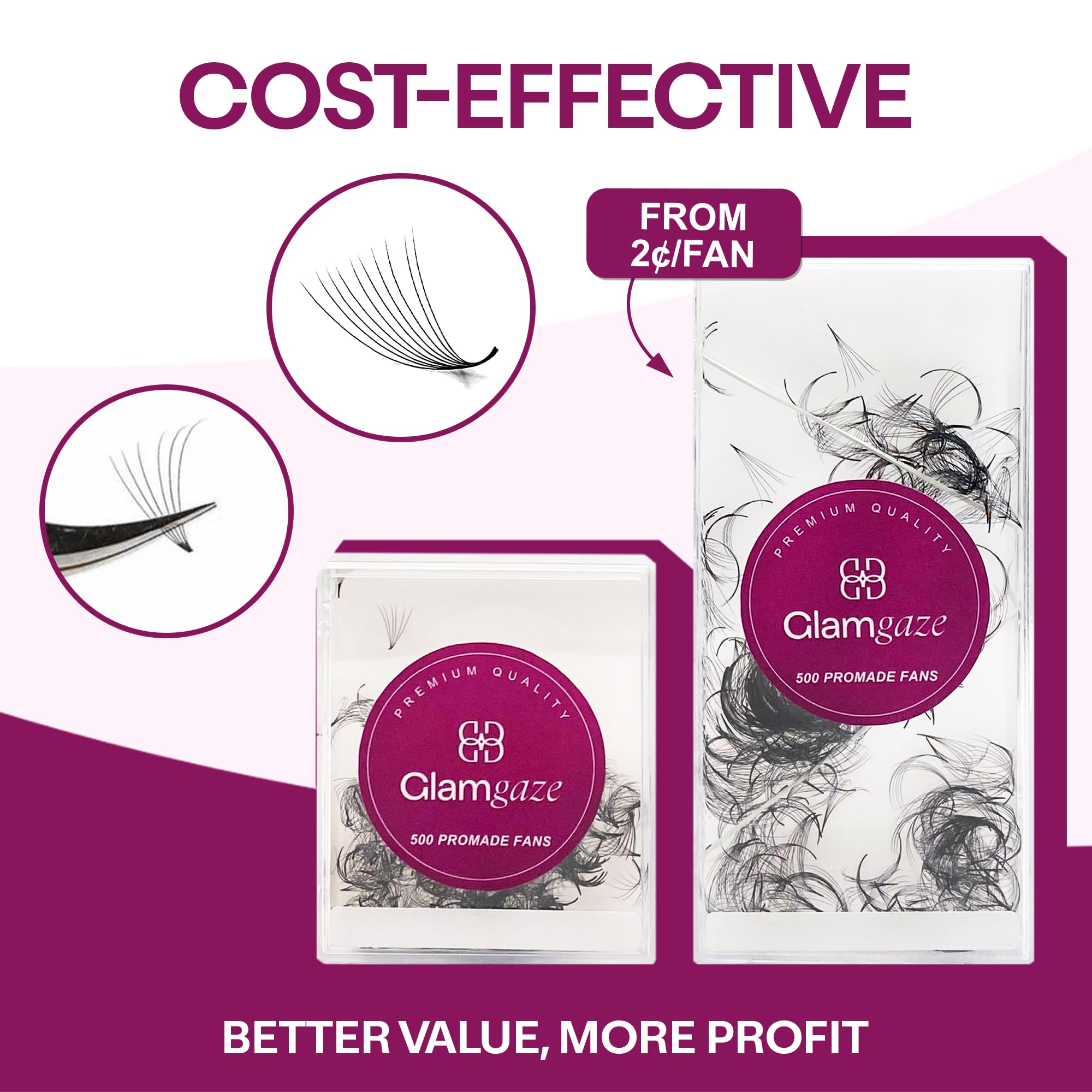 GLAMGAZE 500 Promade Fans – 3D to 16D Volume Lash Extensions (8-17mm, 0.05-0.07mm) | Handmade Premade Lash Fans