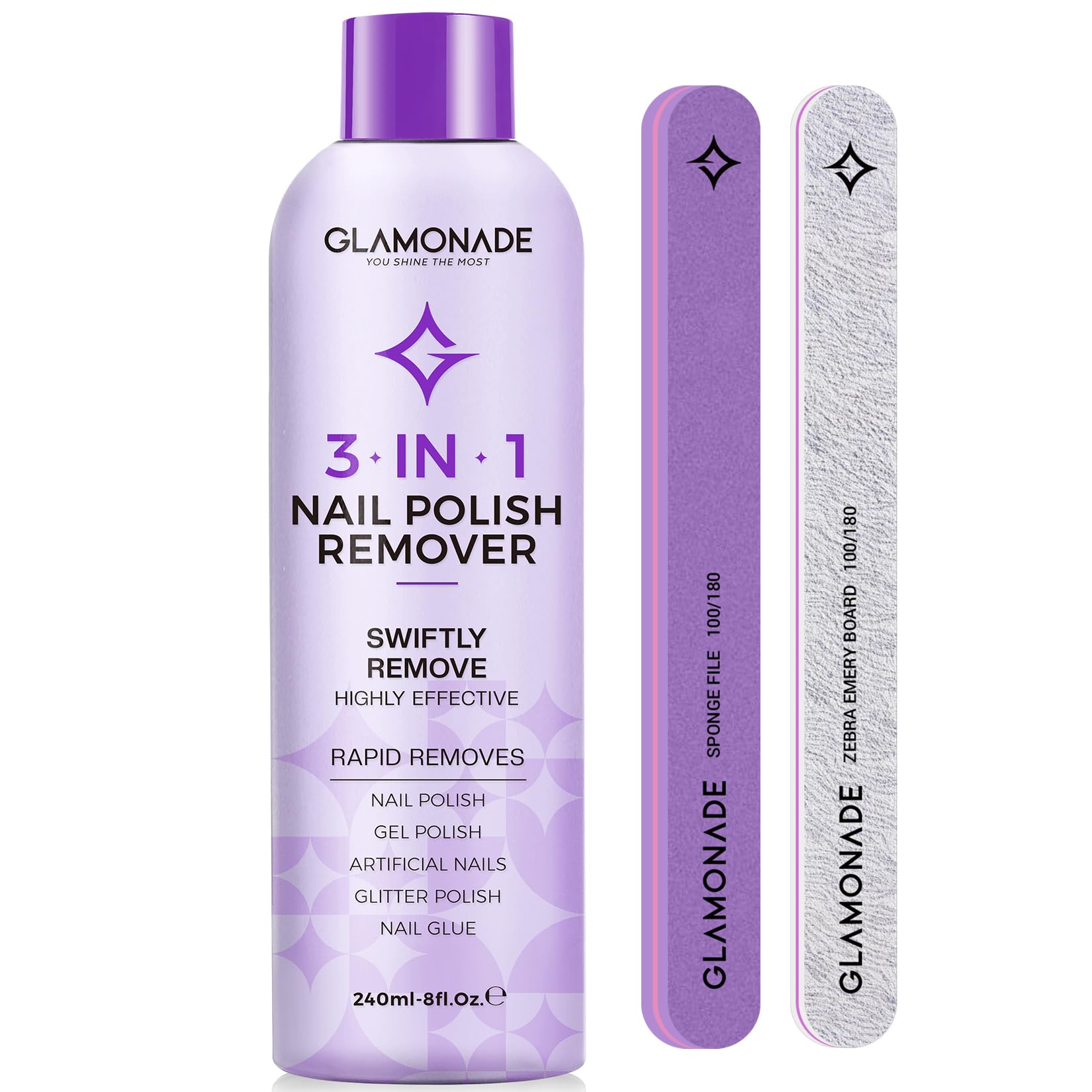 Glamonade Acetone Nail Polish Remover Kit | Gel, Acrylic & Glitter Removal at Home (8 Fl Oz) with File & Buffer
