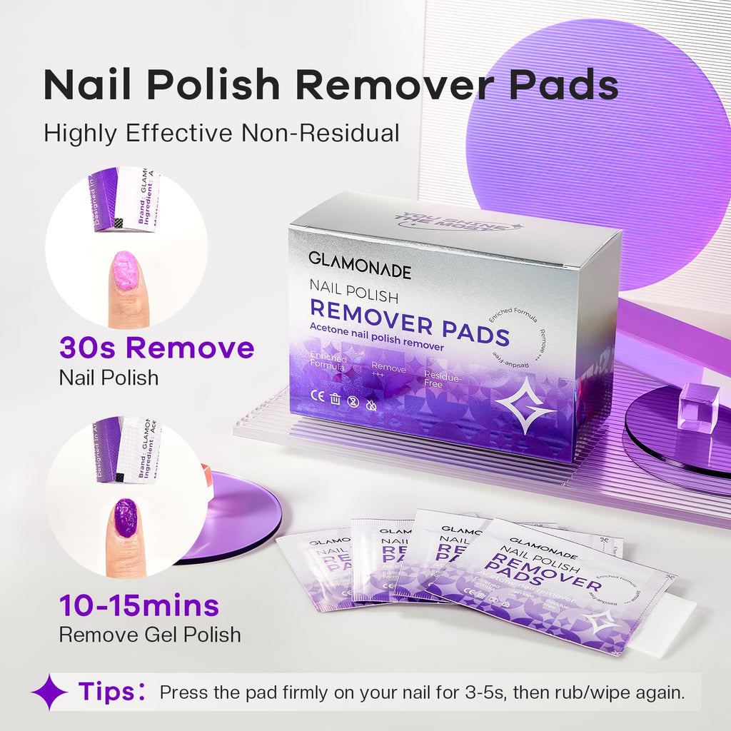 Glamonade Nail Polish Remover Pads 50 Pack Bulk Set | Quick Gel & Regular Polish Removal