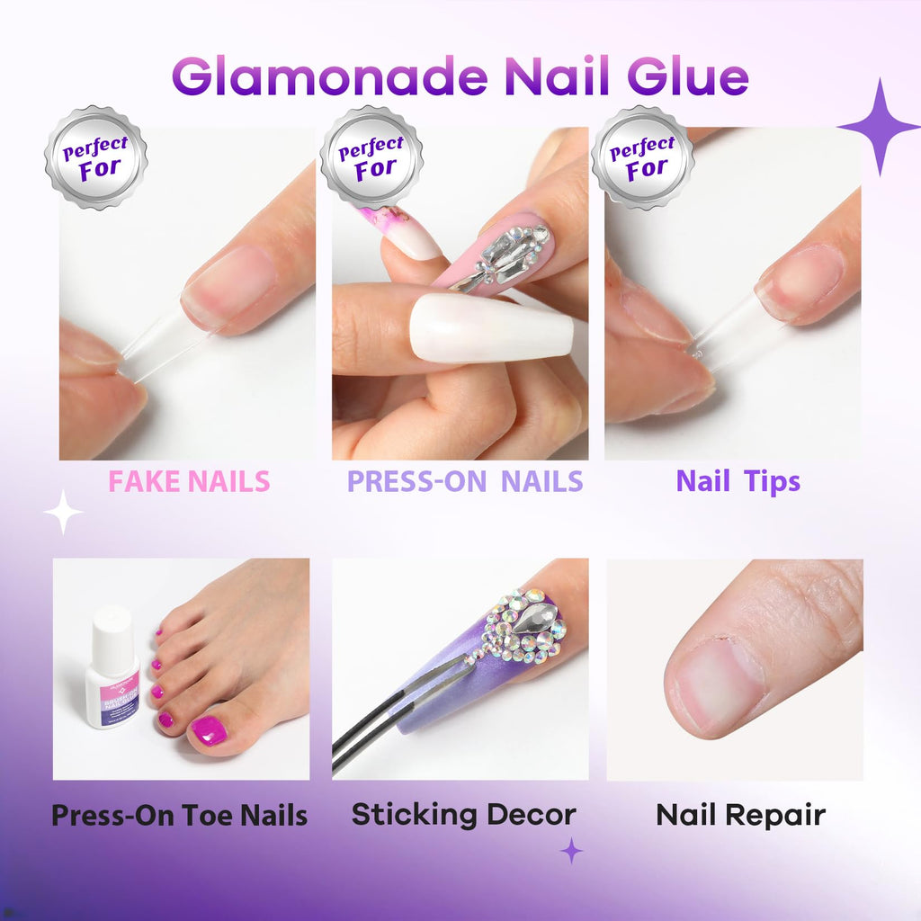 Glamonade Super Strong Brush-On Nail Glue with Tip Applicator | Mess-Free, Quick-Dry & Travel-Friendly