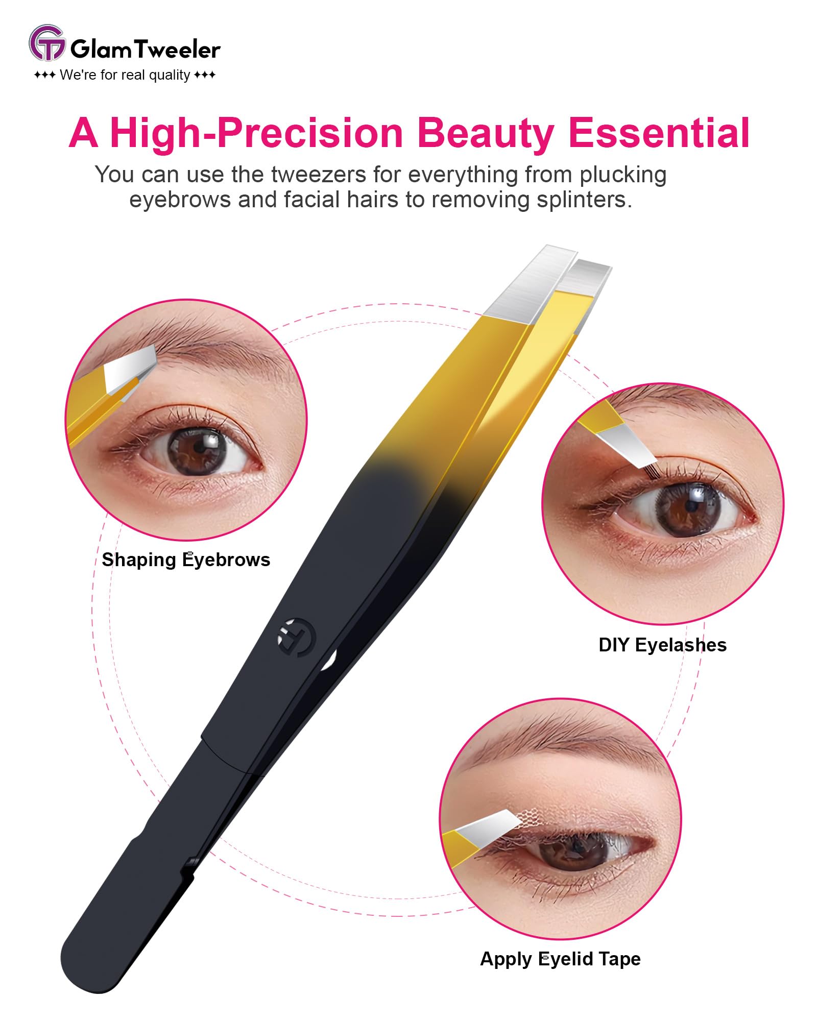 G-01 Exclusive Slant Tip Tweezers by GlamTweeler – High-Precision Eyebrow & Facial Hair Removal with Leather Case (Black & Gold)