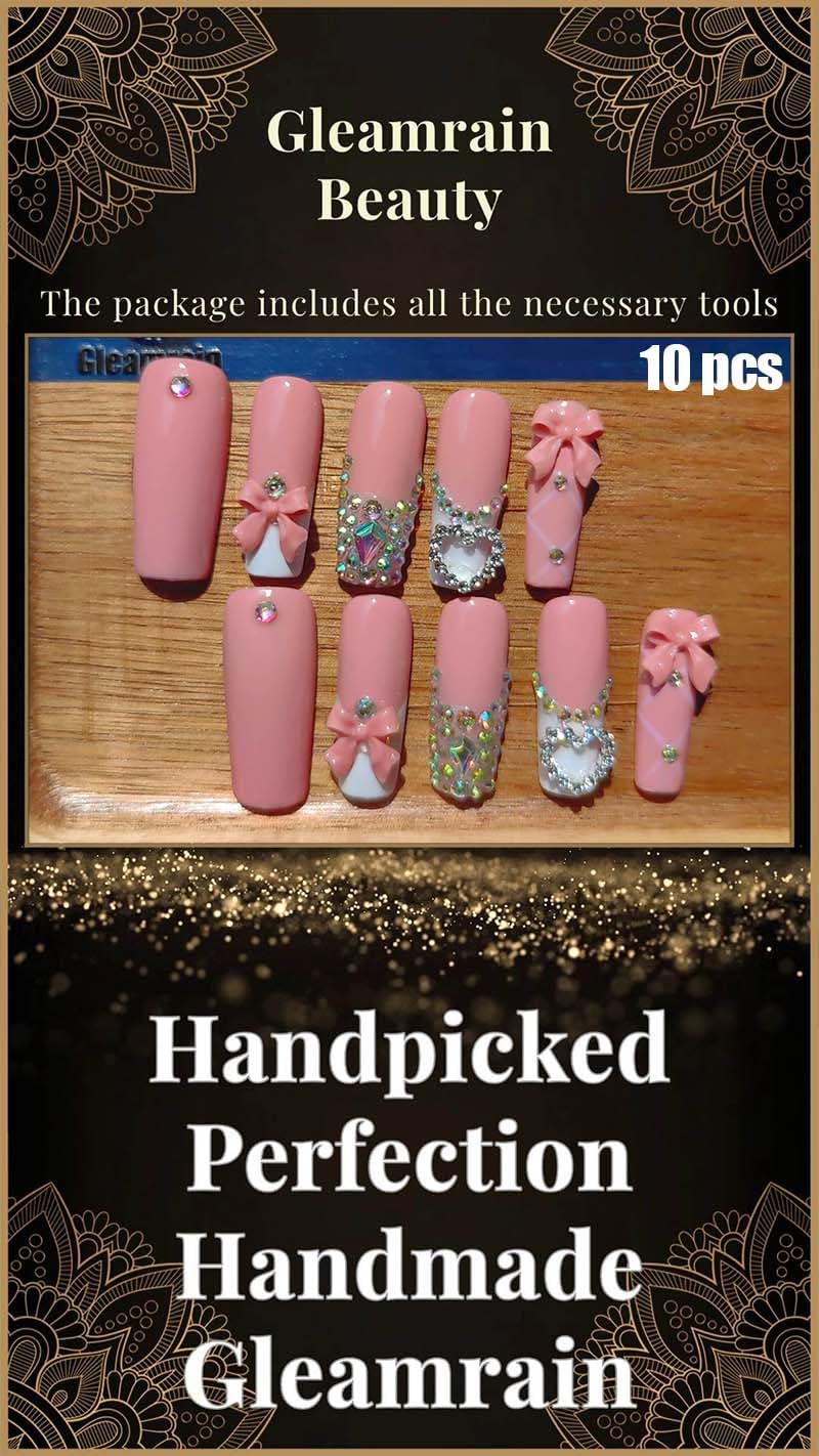 Gleamrain Handmade Press-On Nails – Long Square M Size with Rhinestones & Bow (10 Pcs)
