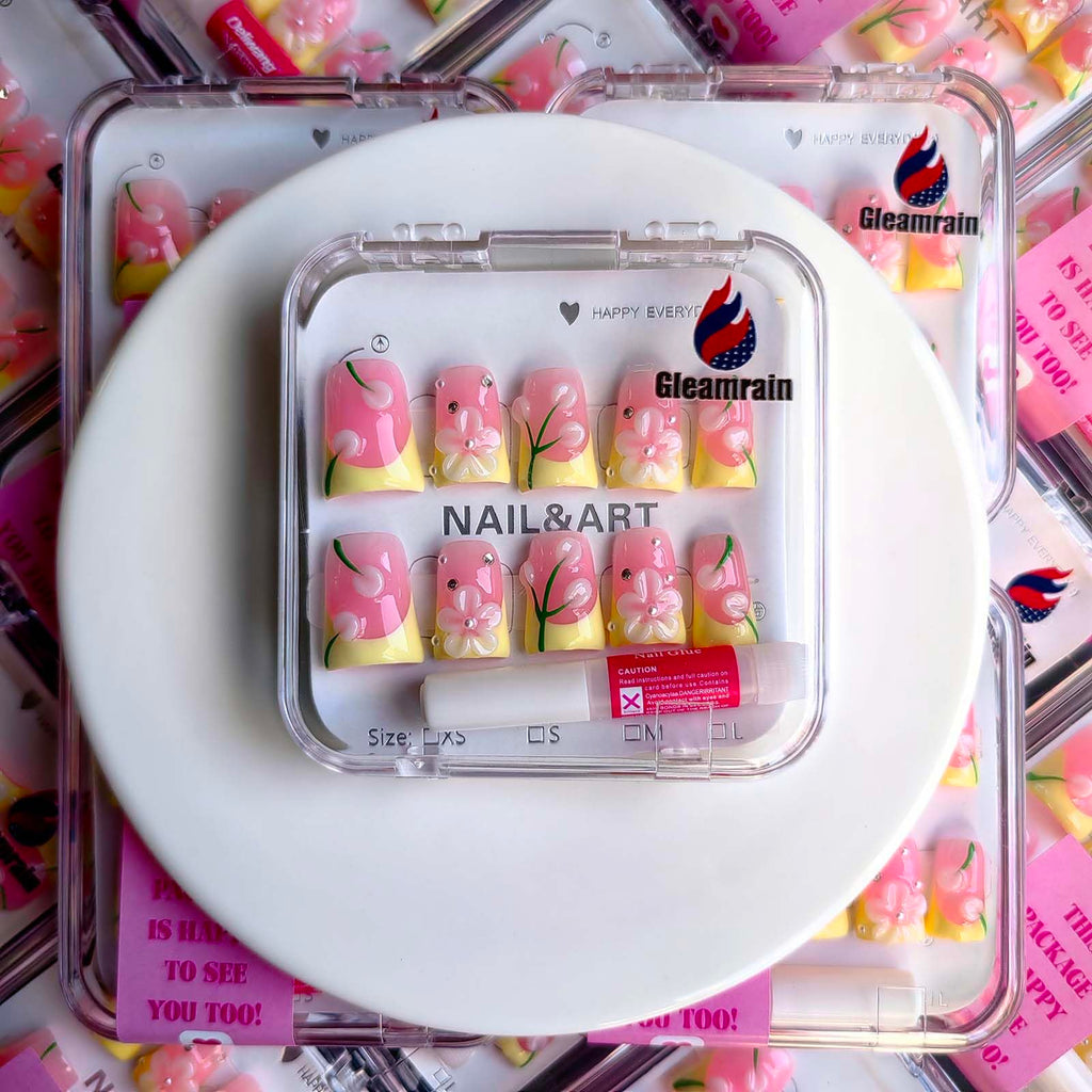 Gleamrain Pink Press On Nails – Handmade Duck Glue-On, Yellow French Tip, 3D Floral Design | 10pc, Size M