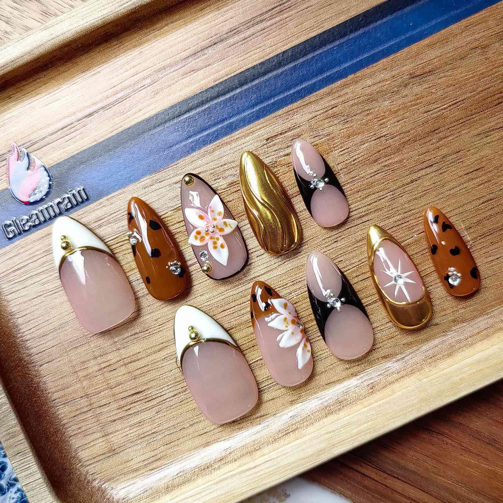 Gleamrain Almond Shape Handmade Nails – Luxury M Size, 10Pcs, P06 Floral Design