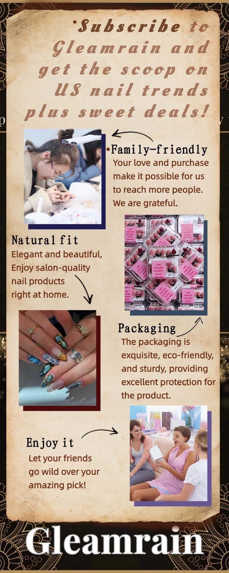 Gleamrain Almond Press-On Nails – Medium Handmade French Tip with Floral Pearl Design (Cherry Blossom Pink) – 10pcs M