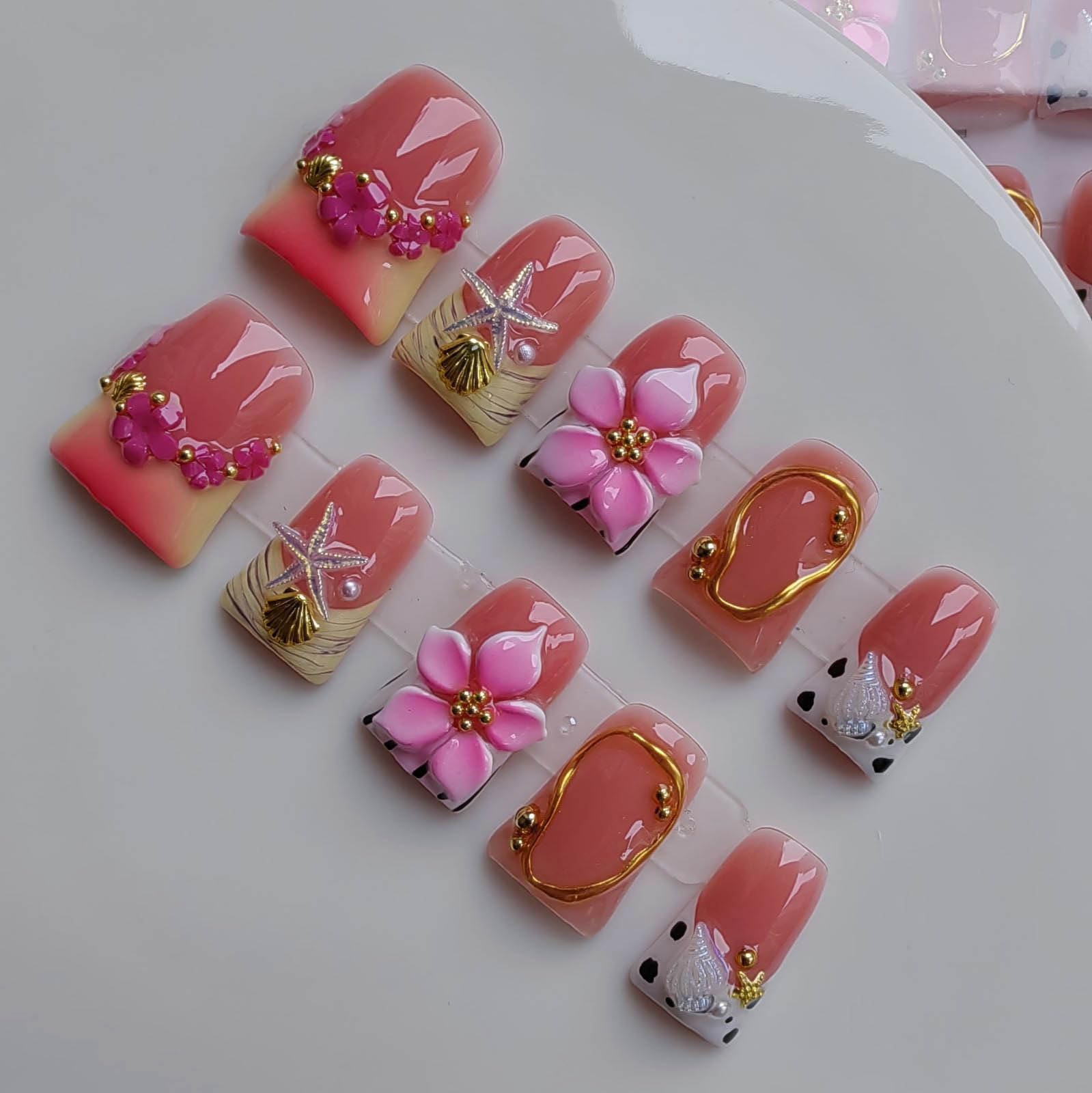 Gleamrain Handmade Acrylic Press-On Nails – Short Duck Shape with Flower & Shell Design, French Tip, 10pcs, Size M (Pattern 1107)