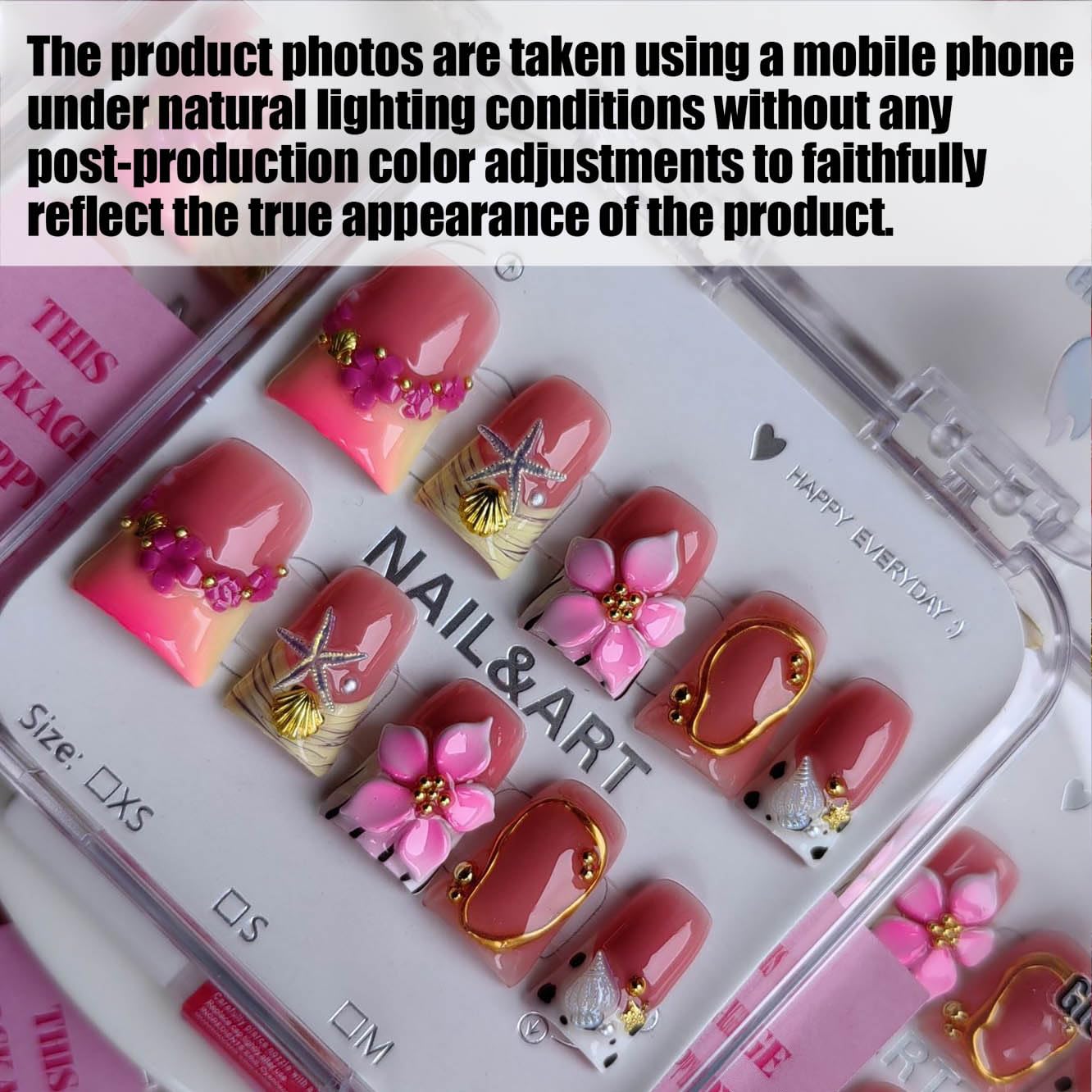 Gleamrain Handmade Acrylic Press-On Nails – Short Duck Shape with Flower & Shell Design, French Tip, 10pcs, Size M (Pattern 1107)
