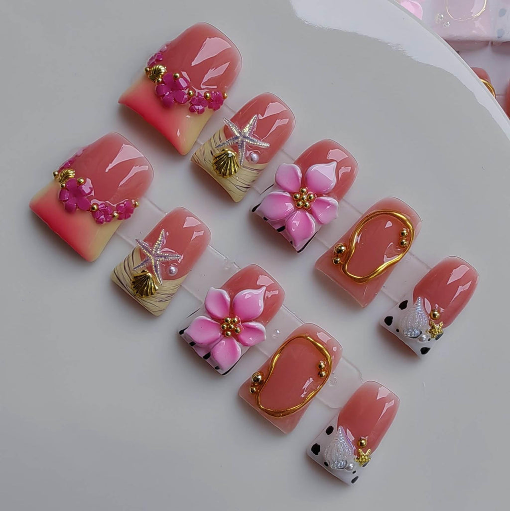 Gleamrain Handmade Acrylic Press-On Nails – Short Duck Shape with Flower & Shell Design, French Tip, 10pcs, Size M (Pattern 1107)