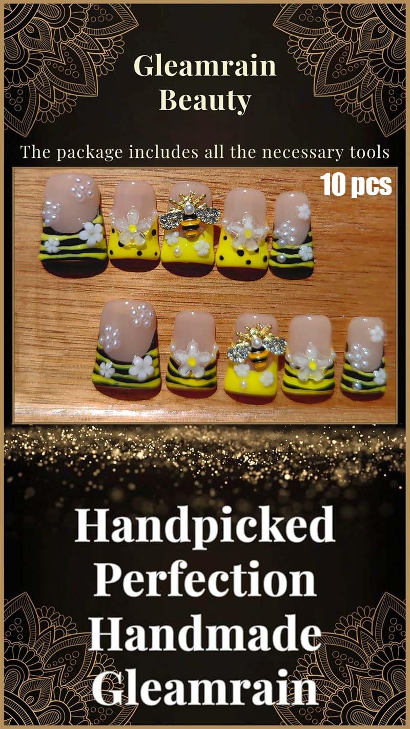 Gleamrain Duck-Shape Press-On Nails – Medium Length, Luxury Acrylic Glue-On Nails with Rhinestones & Floral Design (10 Pcs)