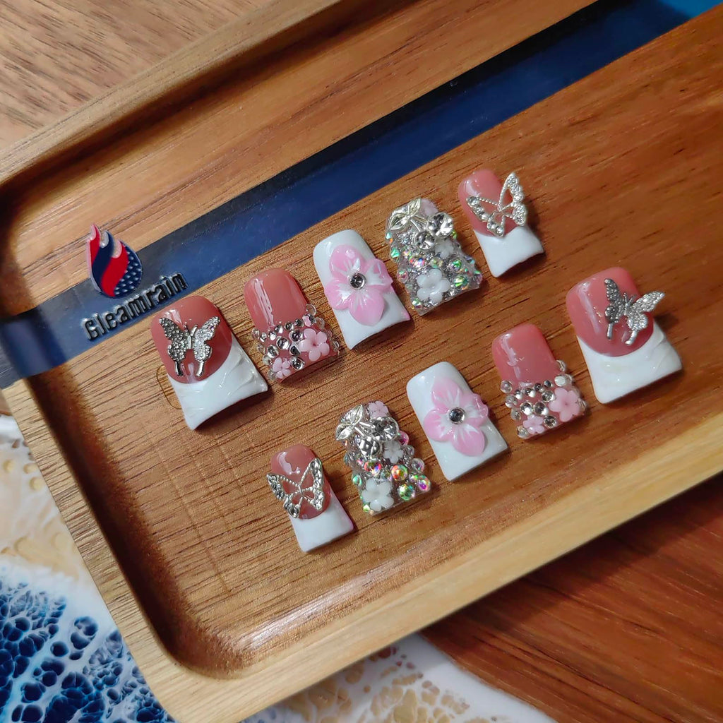 Gleamrain Duck Shape Press-On Nails – Nude Duck, White Tip, Rhinestones & Floral Design (Medium M) 10 Pcs