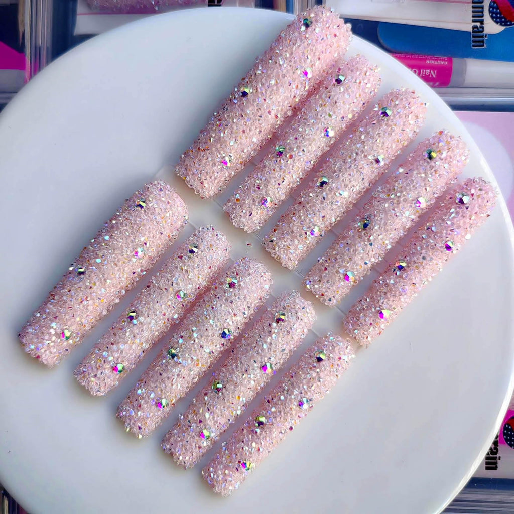 Gleamrain XXL Press-On Nails — Extra Long Square Nails with 3D Floral Pattern & Rhinestones (10pcs, Size M, Pattern 1110)