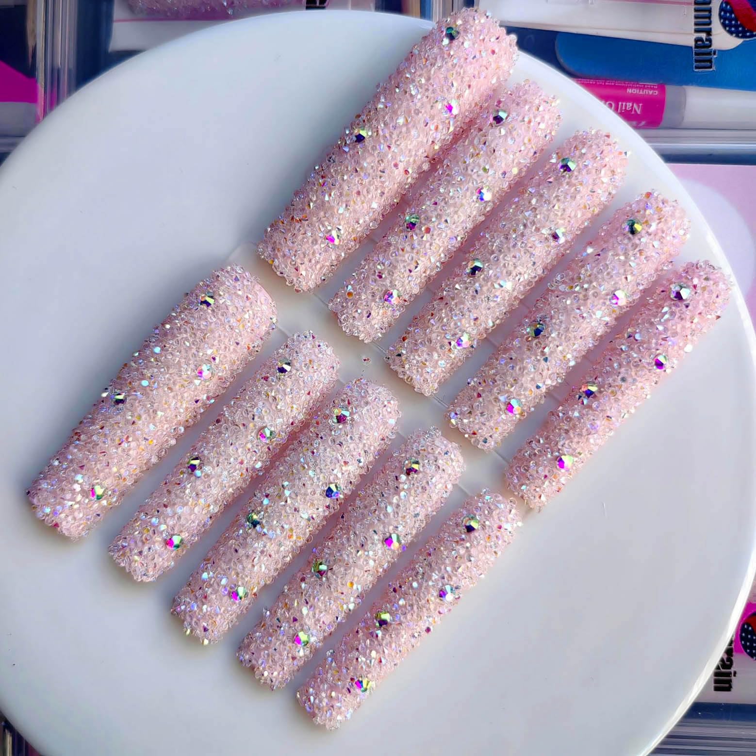 Gleamrain XXL Press-On Nails — Extra Long Square Nails with 3D Floral Pattern & Rhinestones (10pcs, Size M, Pattern 1110)