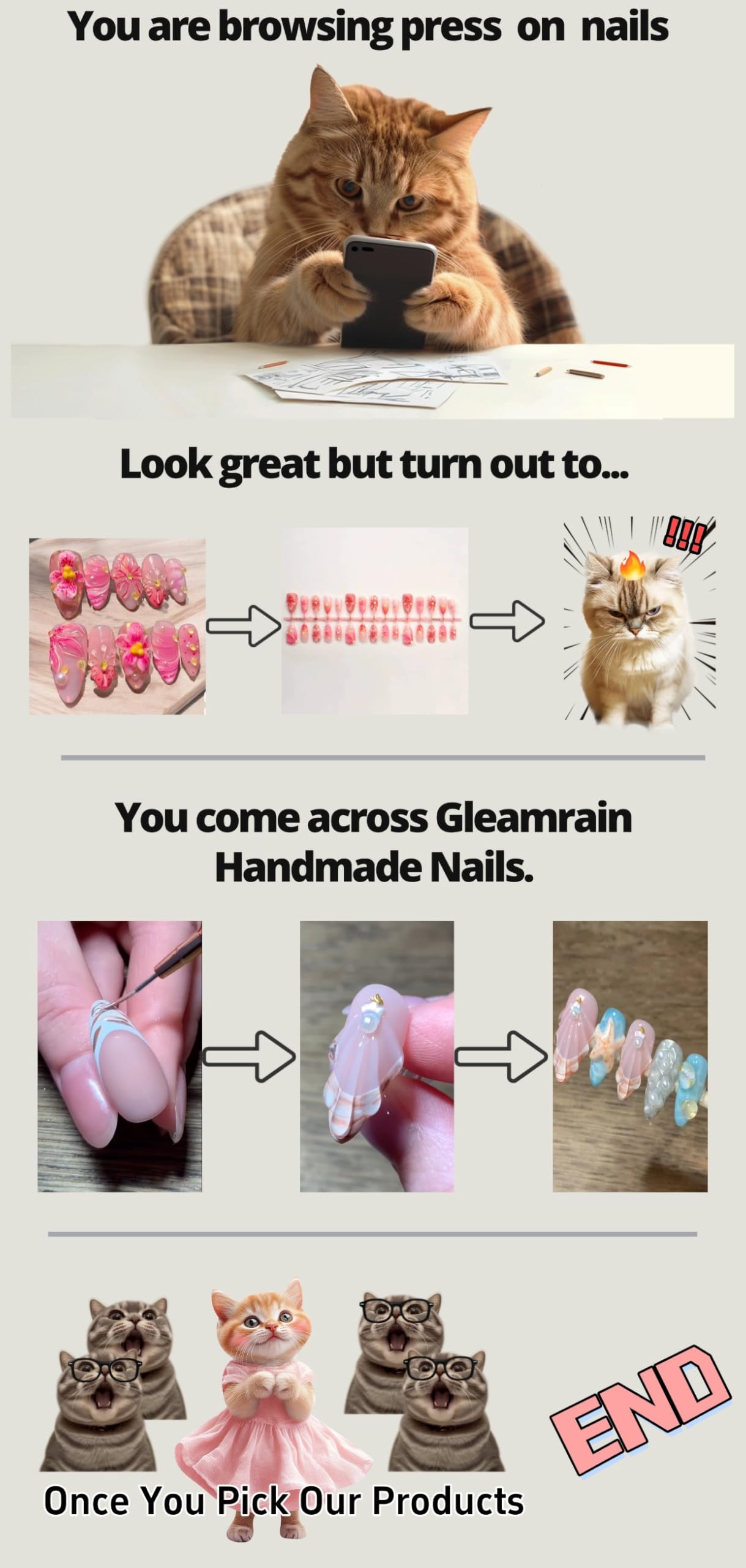 Gleamrain Almond Press-On Nails – Medium Handmade French Tip with Floral Pearl Design (Cherry Blossom Pink) – 10pcs M