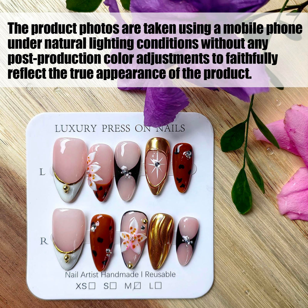 Gleamrain Almond Shape Handmade Nails – Luxury M Size, 10Pcs, P06 Floral Design