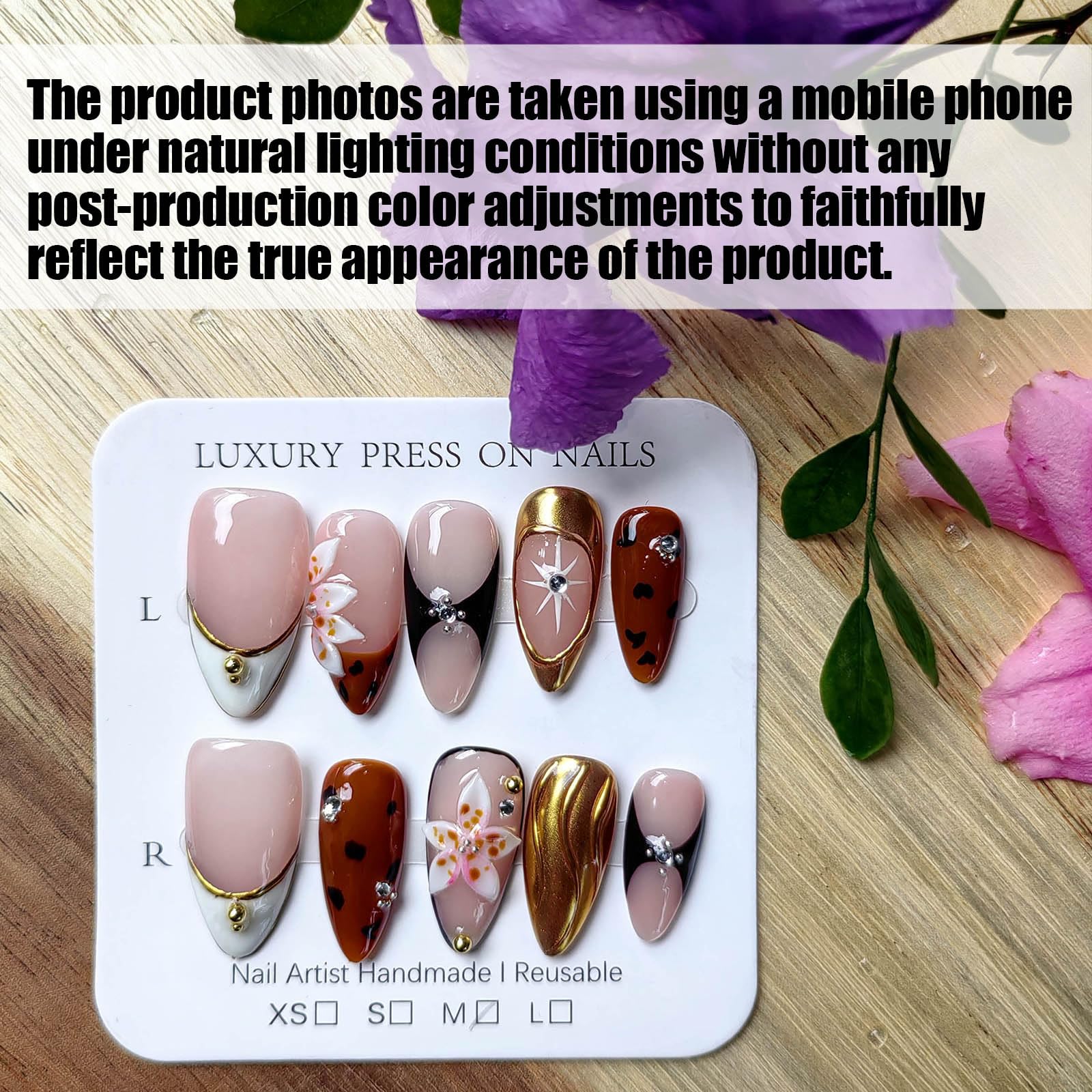 Gleamrain Almond Shape Handmade Nails – Luxury M Size, 10Pcs, P06 Floral Design
