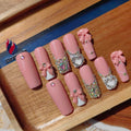 Gleamrain Handmade Press-On Nails – Long Square M Size with Rhinestones & Bow (10 Pcs)