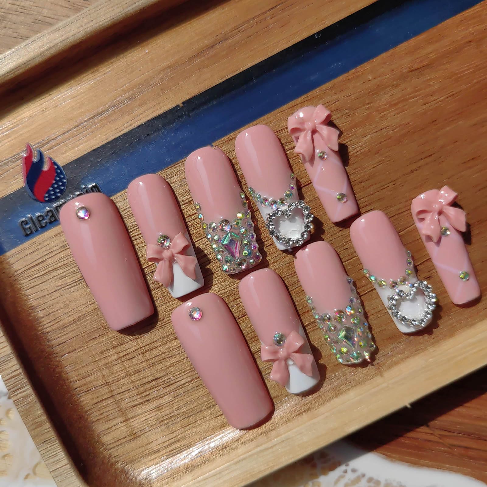 Gleamrain Handmade Press-On Nails – Long Square M Size with Rhinestones & Bow (10 Pcs)