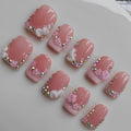 Gleamrain Handmade Short Press On Nails Square – Nude Base with Flower Rhinestones (10pcs, M)