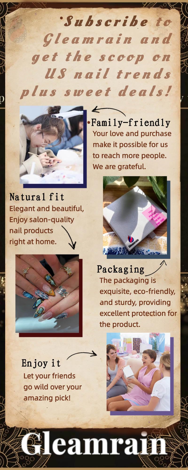 Gleamrain Luxury Handmade Press-On Nails – Almond Shape, M Size, 10Pcs with Floral 3D Design