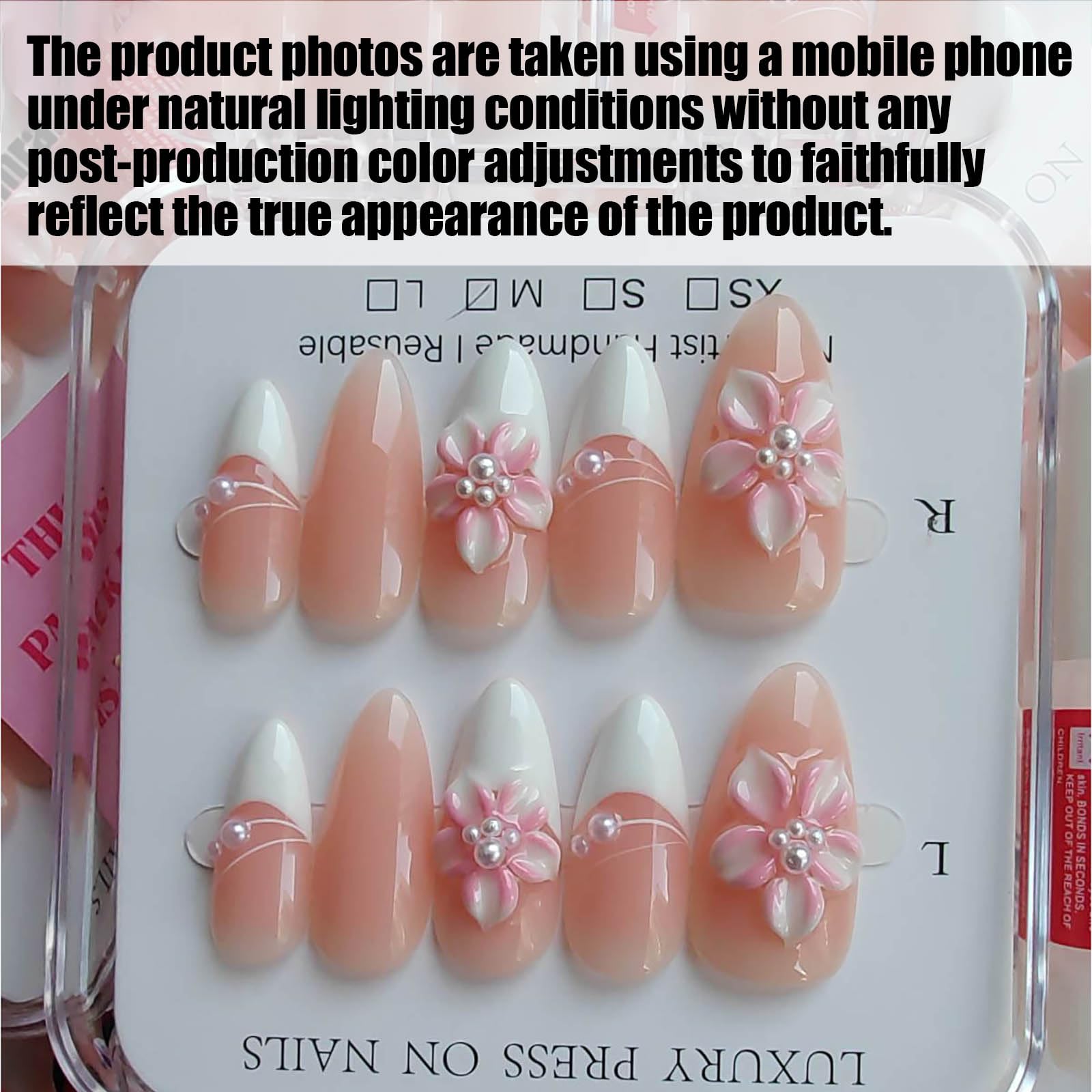 Gleamrain Almond Press-On Nails – Medium Handmade French Tip with Floral Pearl Design (Cherry Blossom Pink) – 10pcs M