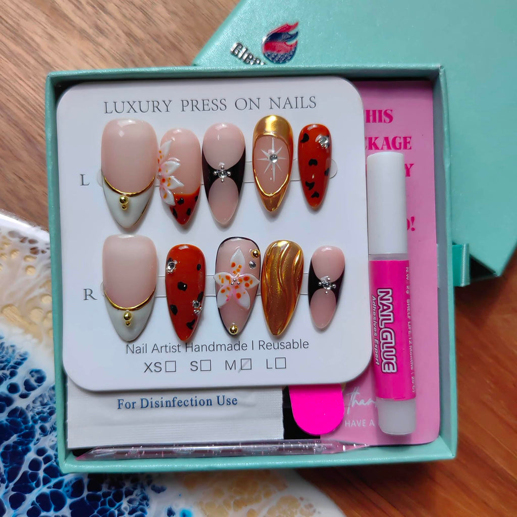Gleamrain Almond Shape Handmade Nails – Luxury M Size, 10Pcs, P06 Floral Design