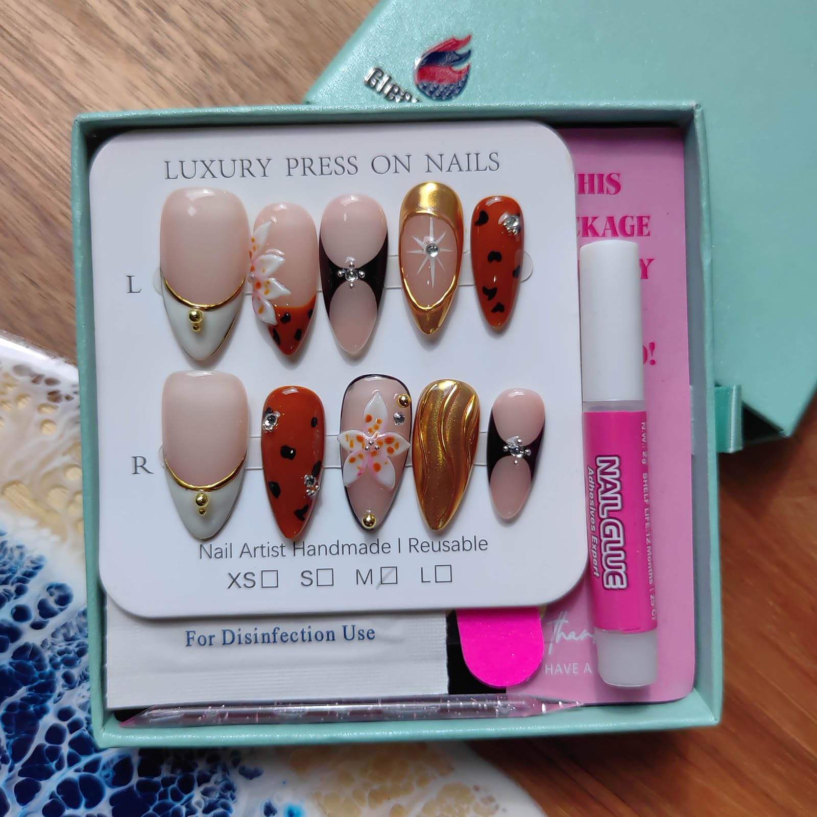 Gleamrain Almond Shape Handmade Nails – Luxury M Size, 10Pcs, P06 Floral Design
