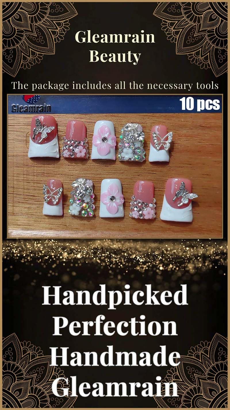 Gleamrain Duck Shape Press-On Nails – Nude Duck, White Tip, Rhinestones & Floral Design (Medium M) 10 Pcs